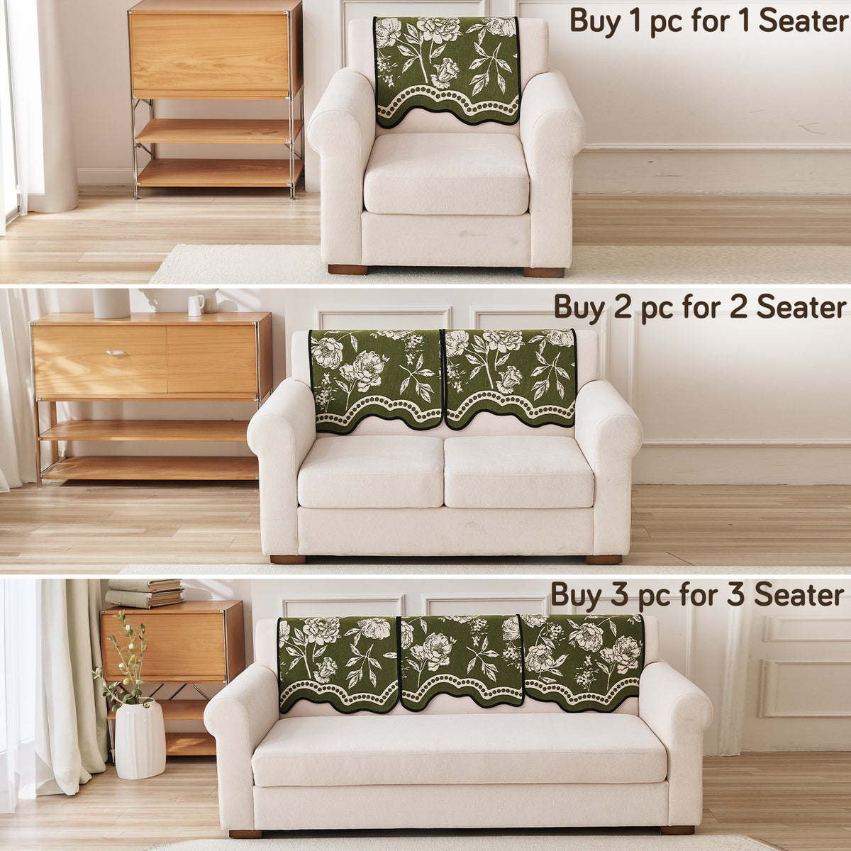 Chenille Sofa Cover Mat with Curvy Edges, 'Retro Curves Series' Sofa Mat, Olive Green