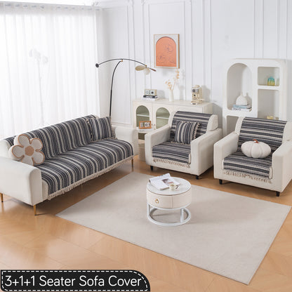 Artisan Boho Series 5-Seater Sofa Cover with Tassels (3+1+1), Charcoal Black