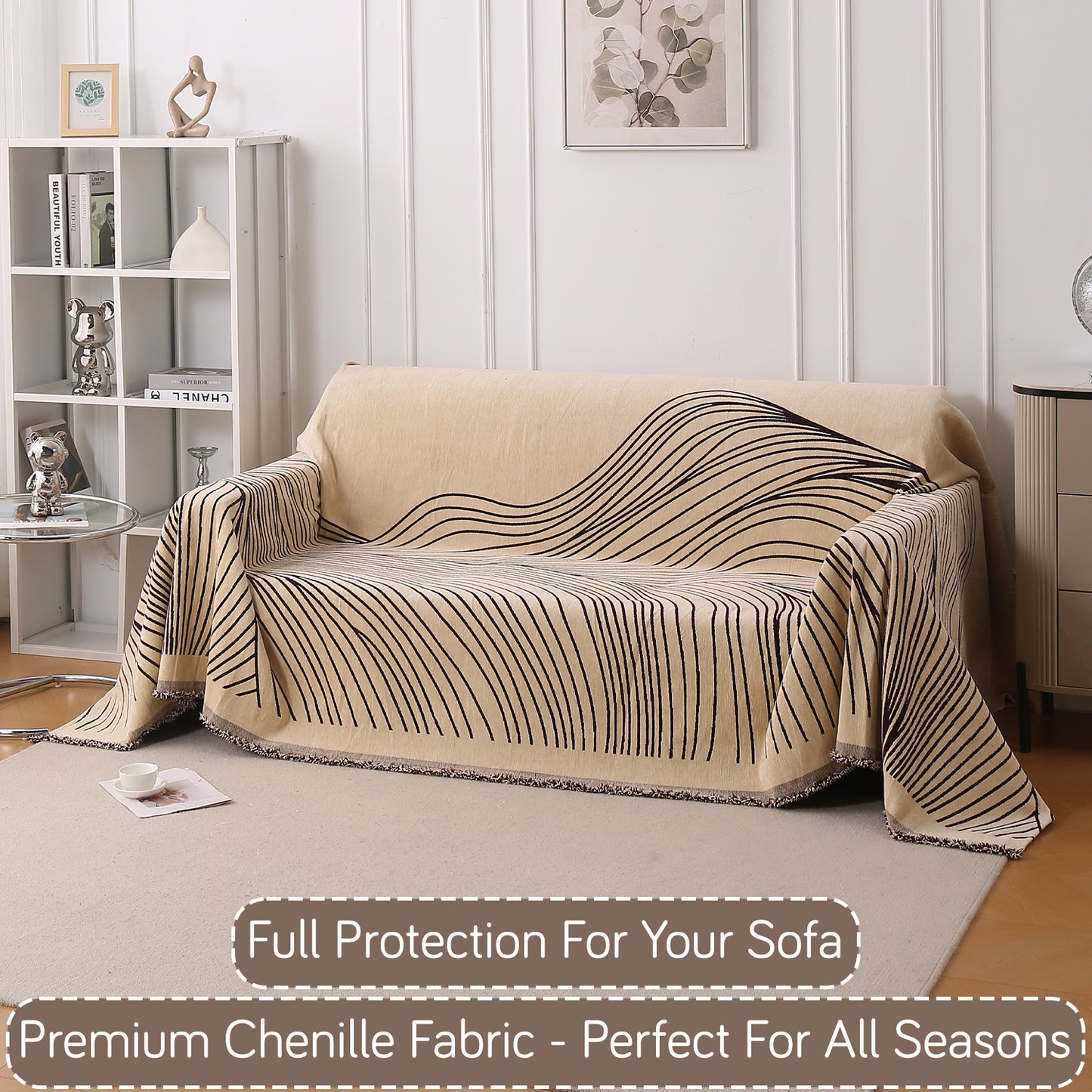 WaveLoom Collection Printed Chenille Sofa Cover Throw Blanket, Brown