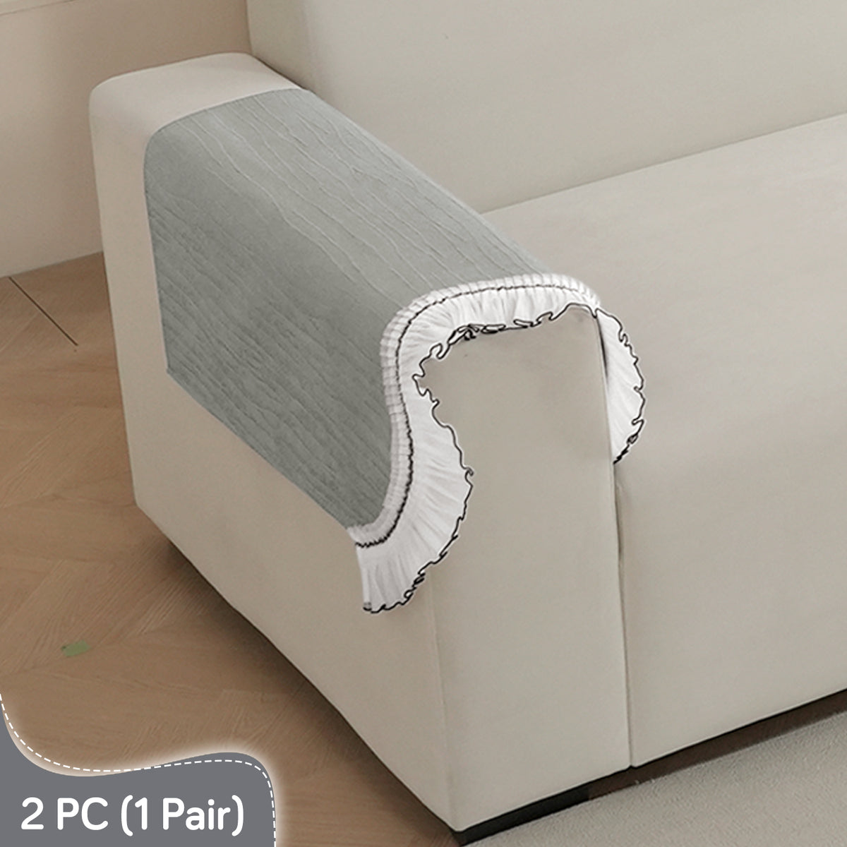 French Lace & Luxe with White Ruffle Edge Sofa Cover Mat, Featherlight Grey - view 16
