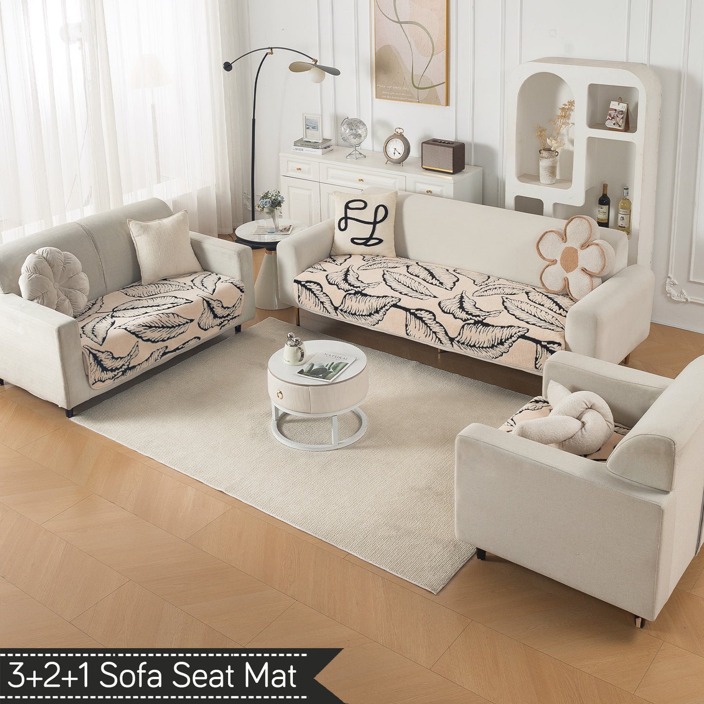 Luxury Plush Sherpa Anti Slip L Shape & Combination Sofa Mat, 'Noirea Series'|Botanical Leaf