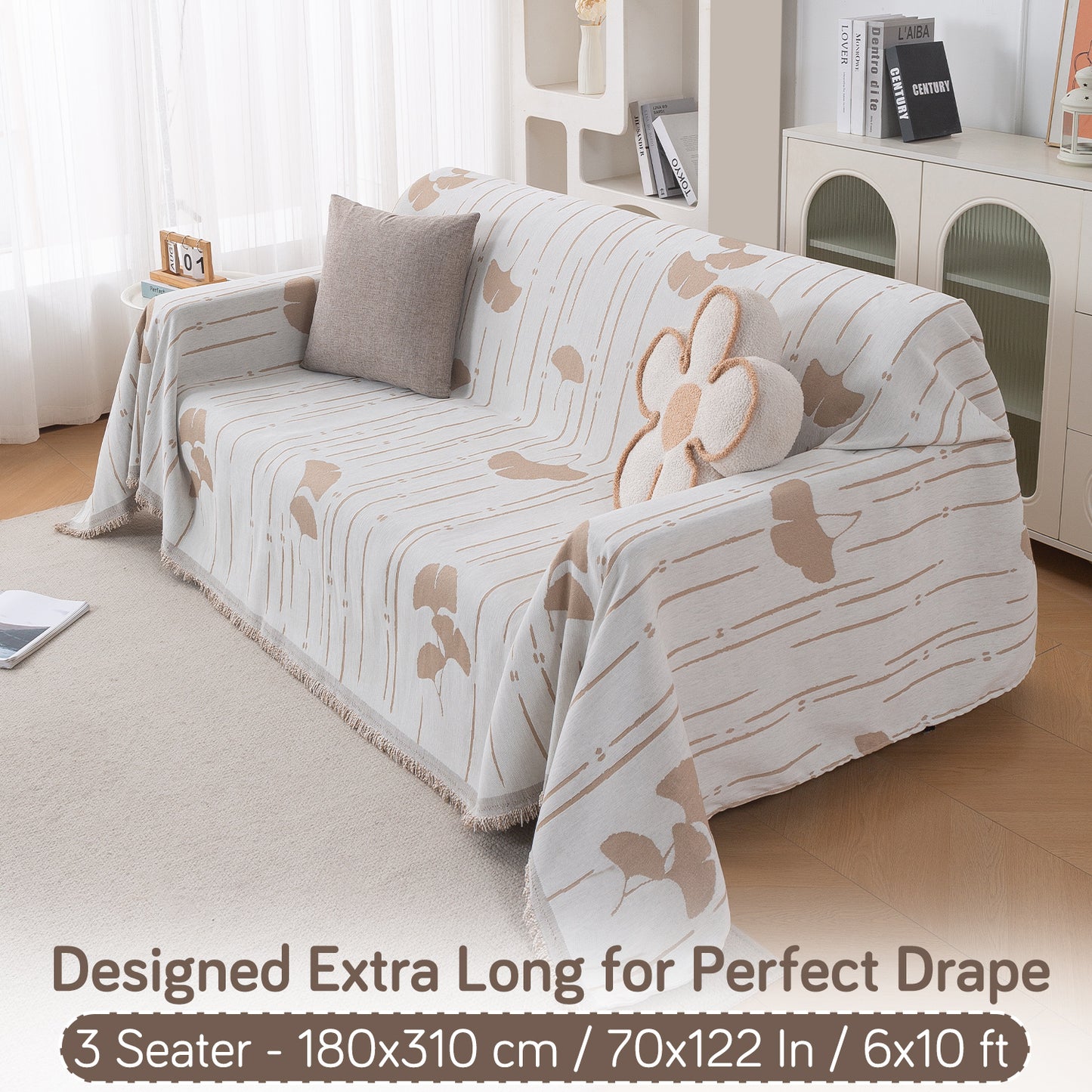 Premium 320 GSM Chenille Sofa Cover Throw All Season 'Serene Abode Series', Beige Ginkgo Lines