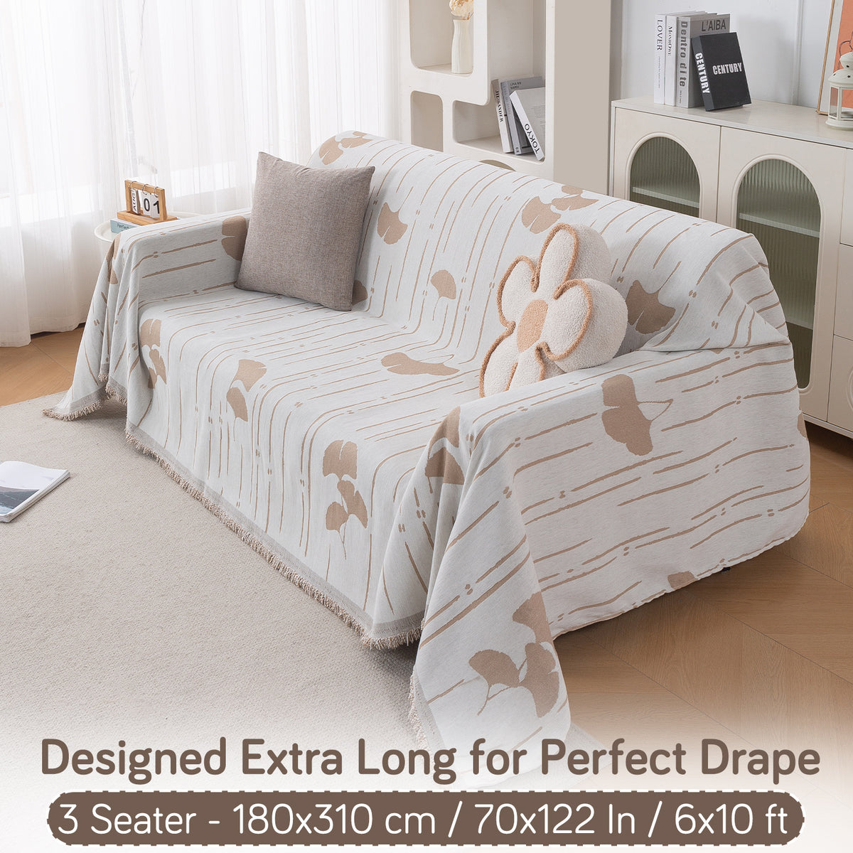 Premium 320 GSM Chenille Sofa Cover Throw All Season 'Serene Abode Series', Beige Ginkgo Lines