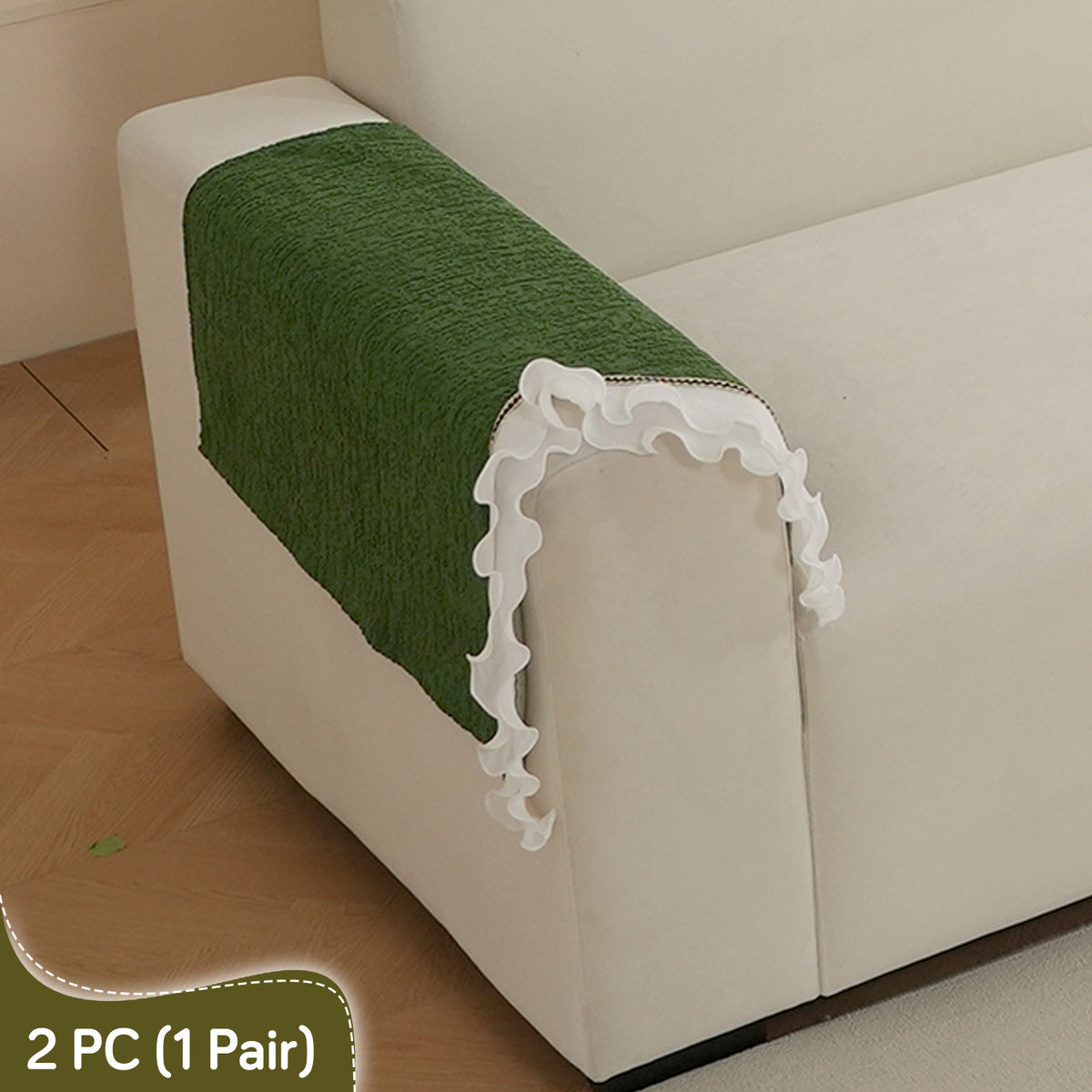 French Classic Frill Wavy Sofa Cover Mat with Curve & Lace - Dark Olive Green