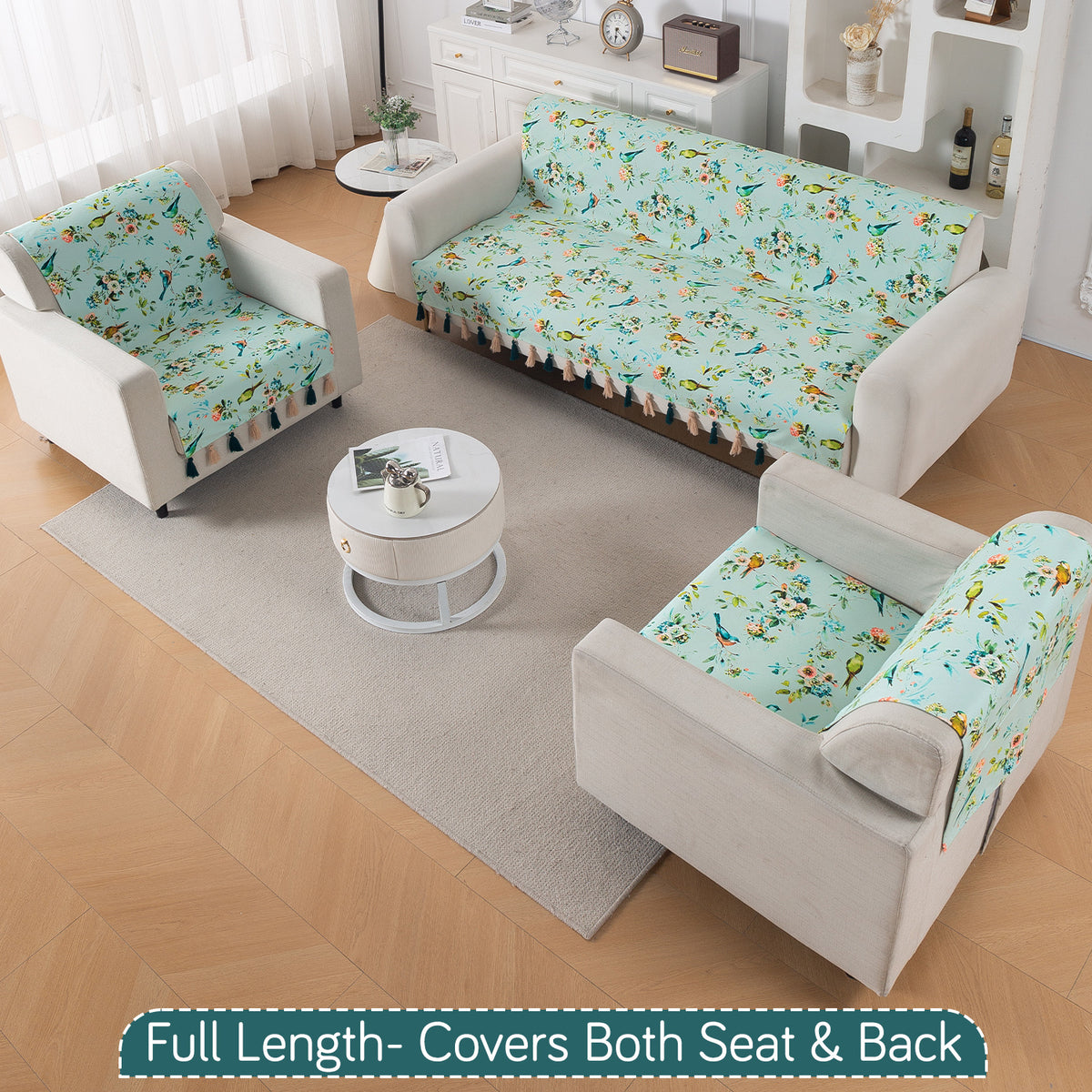 'Whispers of Nature' Series Holland Velvet Sofa Cover with Tassel, Mint Birdsong Blossom