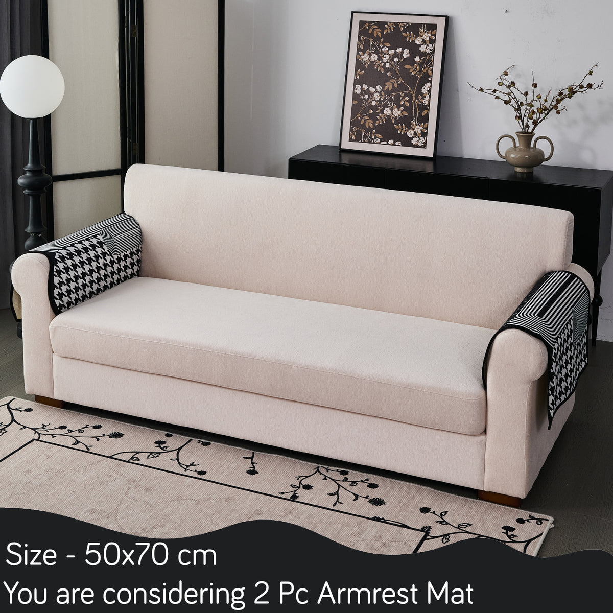 Arcea Chenille With Curved Edges Sofa Cover Mat, White Houndstooth