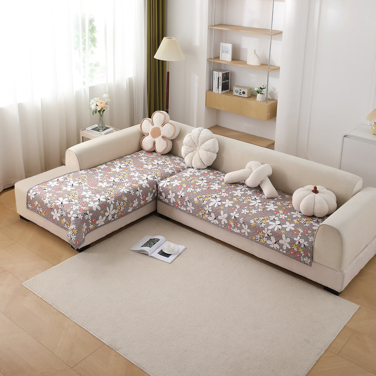 Printed Quilted L Shape Sofa Seat Mat, Pastel Brown Sandwort Flower