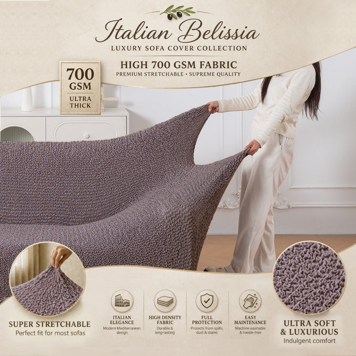 Italian Belissia Luxe Series' Super Stretchable Microfiber 1/2/3 Seater Sofa Cover, Plum Brown