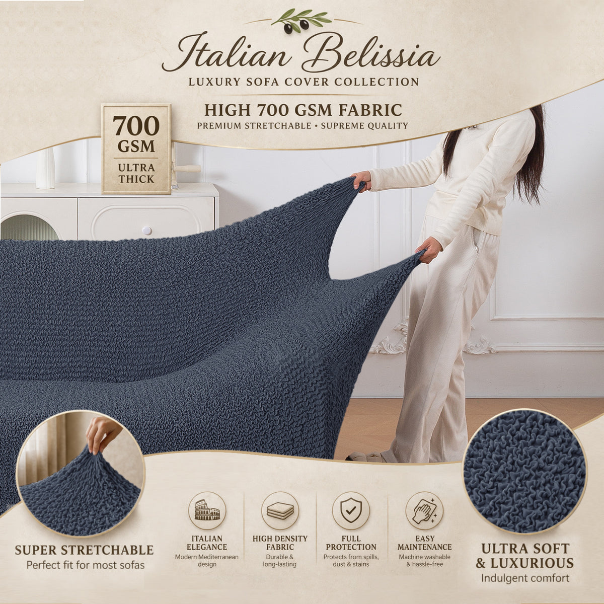 Italian Belissia Luxe Series' Super Stretchable Microfiber 1/2/3 Seater Sofa Cover, Navy Blue