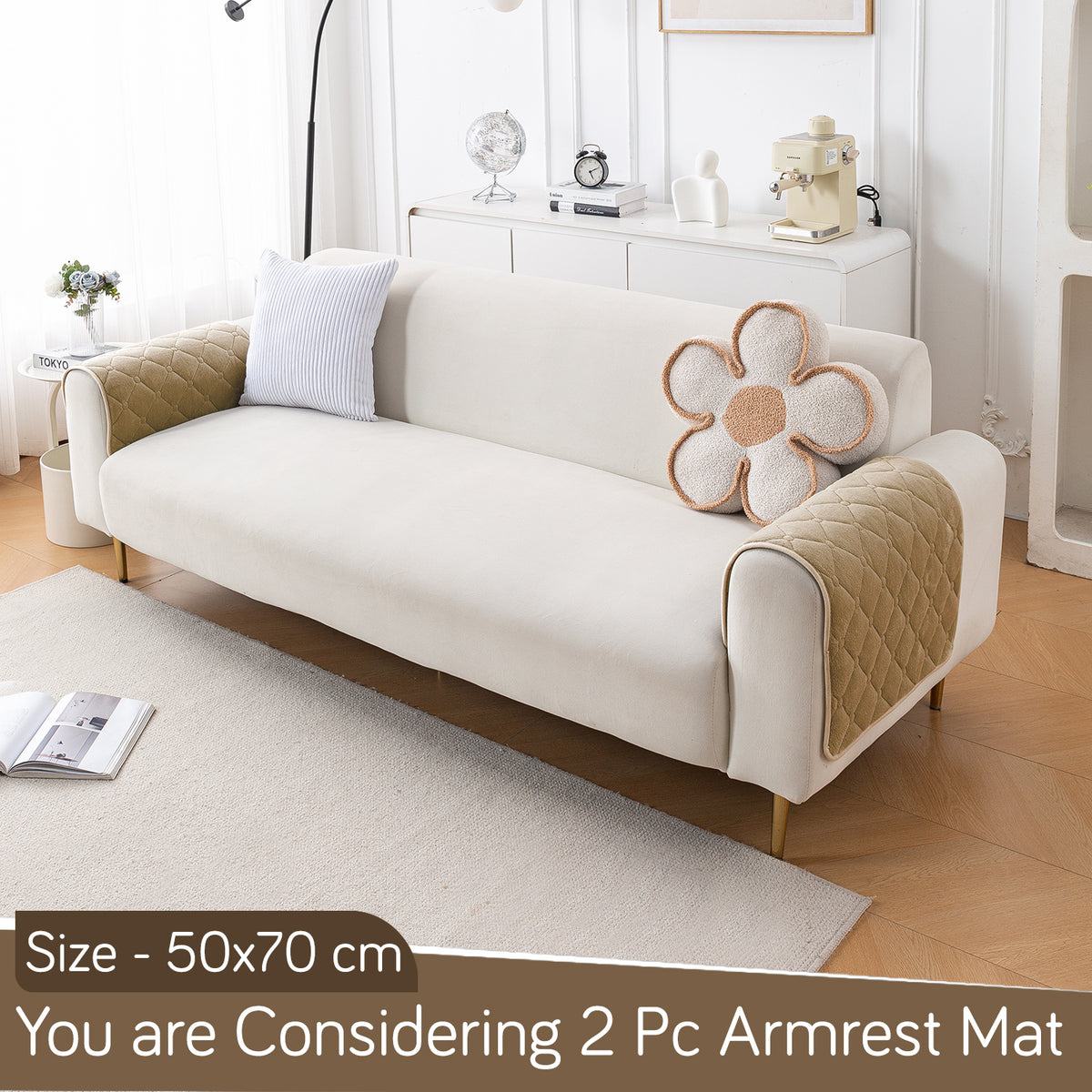 Diamond Tuft Plush Sofa Cover Mat, Sand Beige
