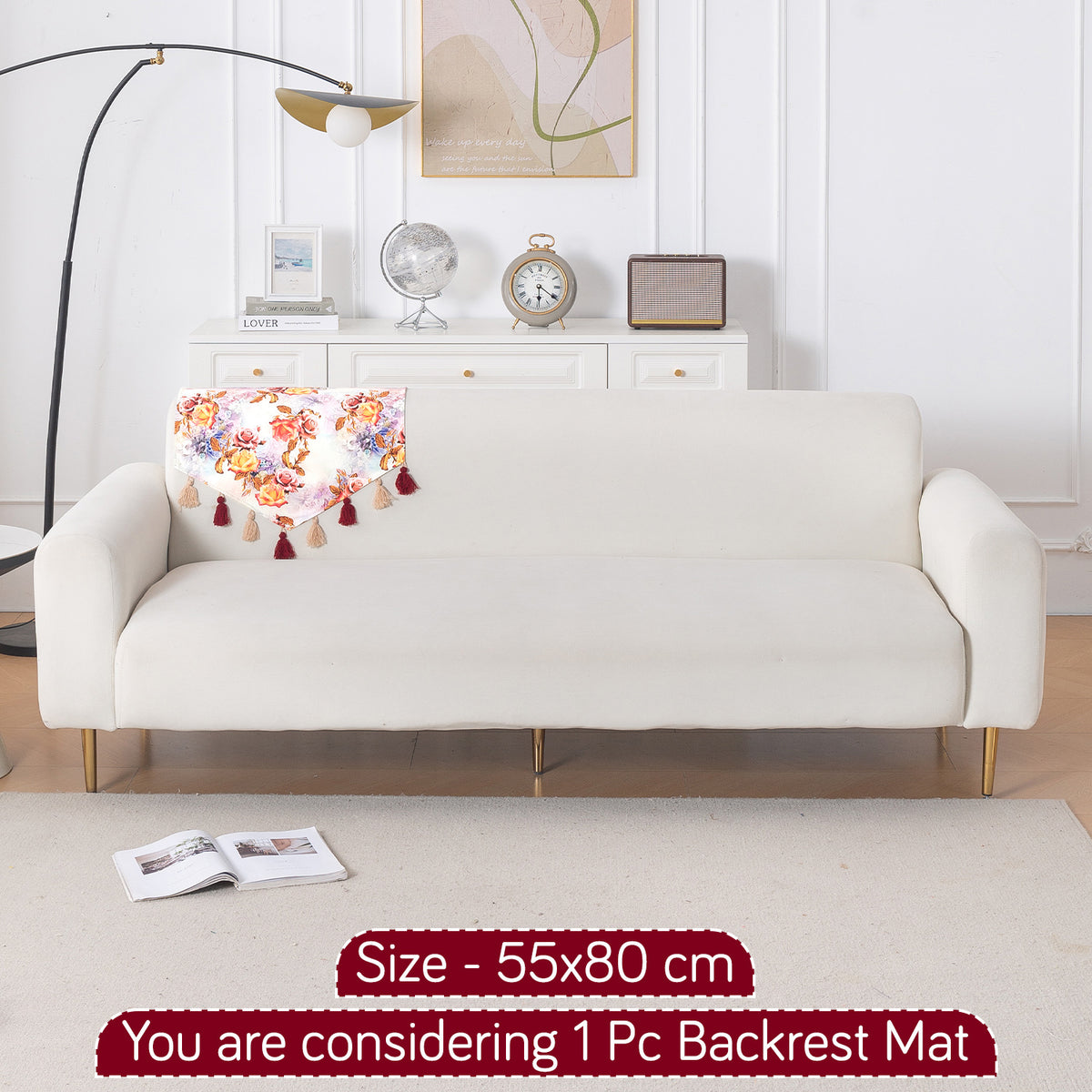 'Whispers of Nature' Series Holland Velvet Sofa Mat with Tassel, Vintage Rose Bloom