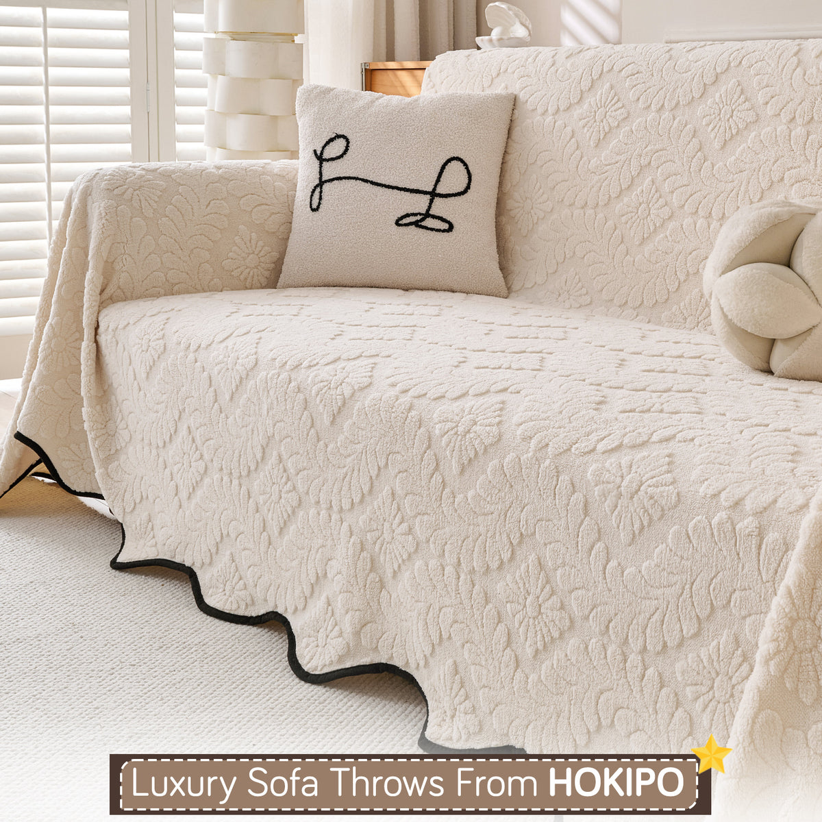 Buy Light Cream Colour Wavy Petal Crest Series Plush Sofa Throw Cover | HOKIPO 