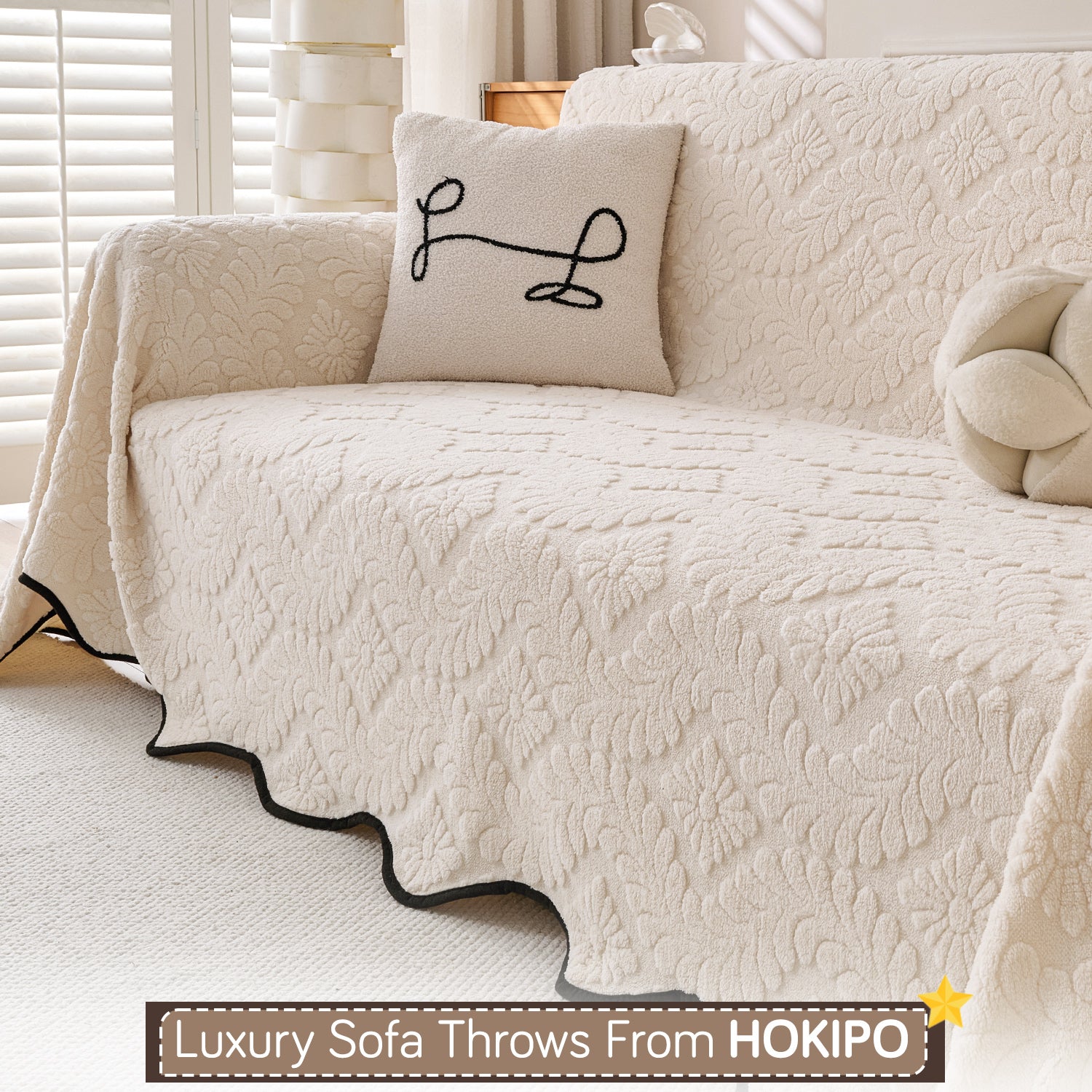 Buy Light Cream Colour Wavy Petal Crest Series Plush Sofa Throw Cover | HOKIPO 