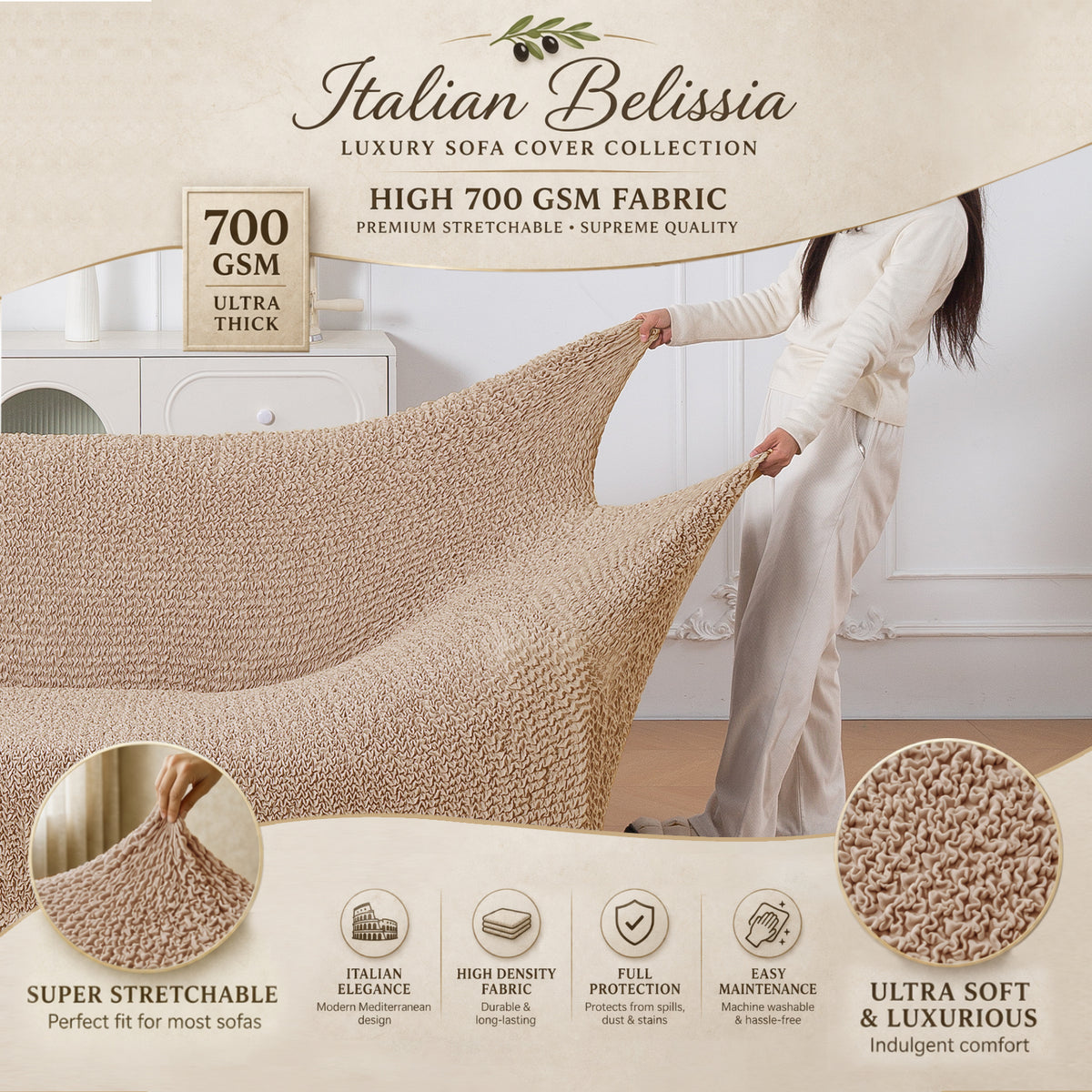 Italian Belissia Luxe Series' Super Stretchable Microfiber 1/2/3 Seater Sofa Cover, Latte Beige
