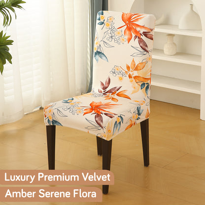 Premium Printed Velvet Dining Chair Cover Set, Amber Serene Flora