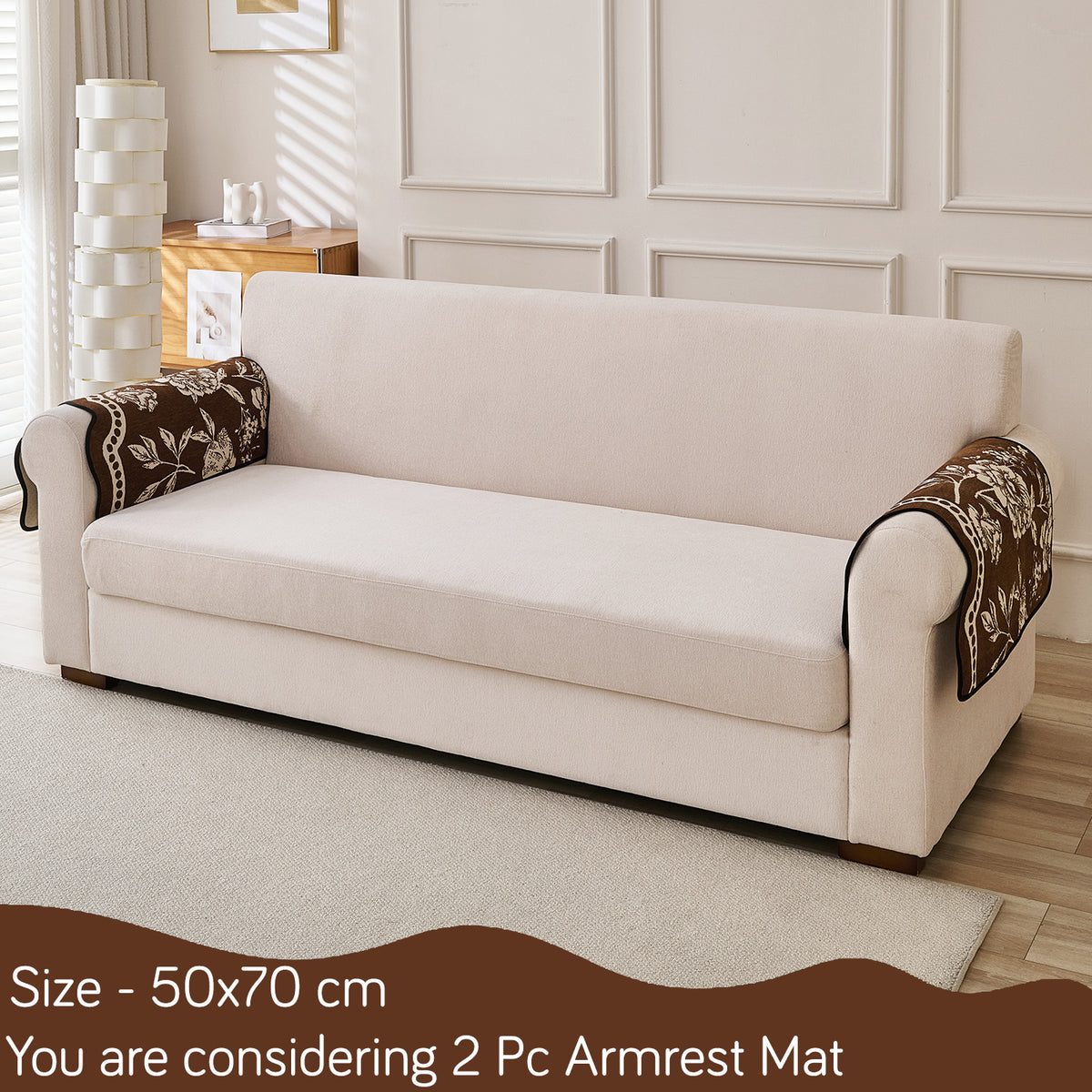 Chenille Sofa Cover Mat with Curvy Edges, 'Retro Curves Series' Sofa Mat, Walnut Brown
