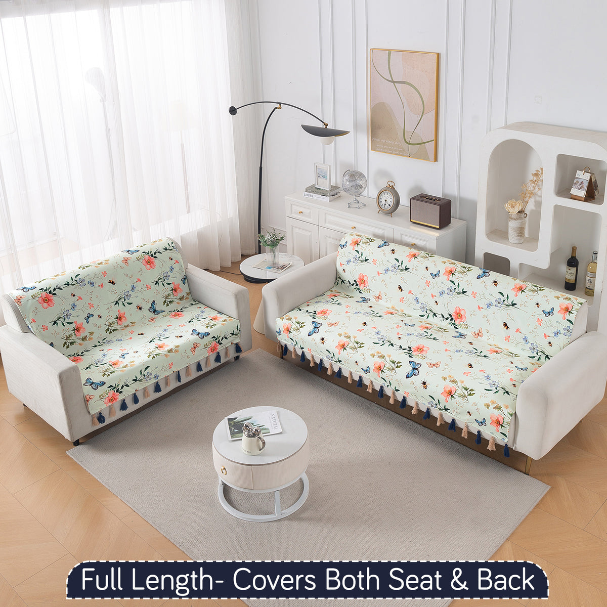 'Whispers of Nature' Series Holland Velvet Sofa Cover with Tassel, Pastel Butterfly Meadow