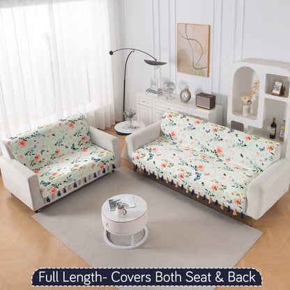'Whispers of Nature' Series Holland Velvet Sofa Cover with Tassel, Pastel Butterfly Meadow