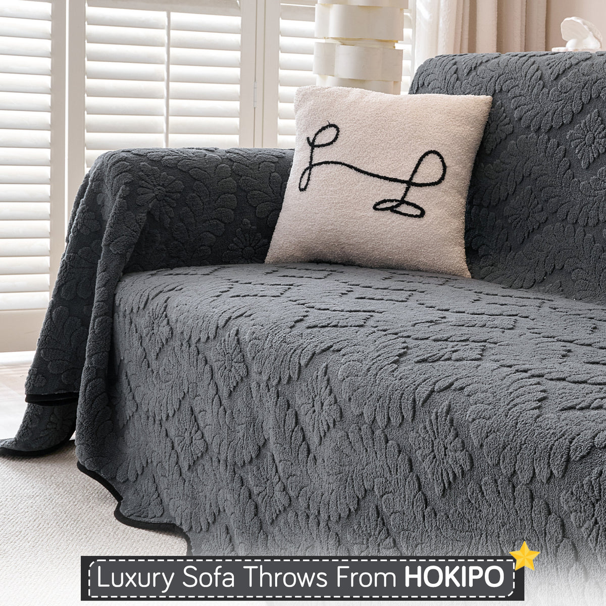 Buy Charcoal Grey Colour Wavy Petal Crest Series Plush Sofa Throw | HOKIPO