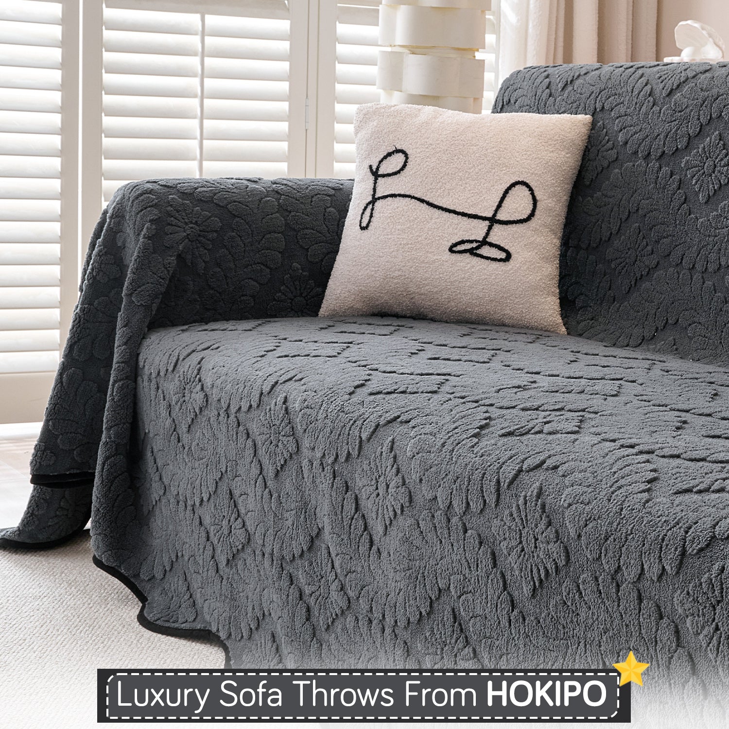 Buy Charcoal Grey Colour Wavy Petal Crest Series Plush Sofa Throw | HOKIPO