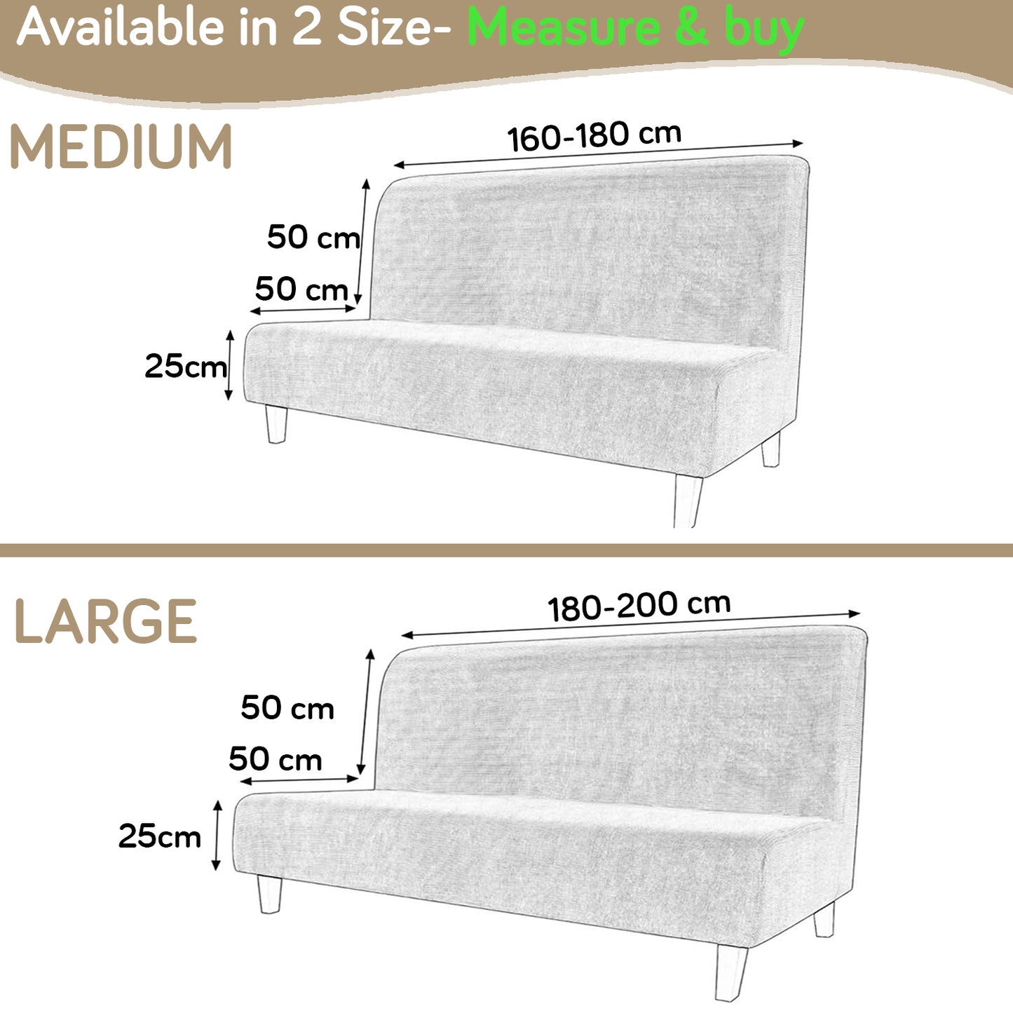 SereneSolids Stretchable Elastic Armless Sofa Cover – 140 GSM, Futon Slipcover, Easy Fit, Beige