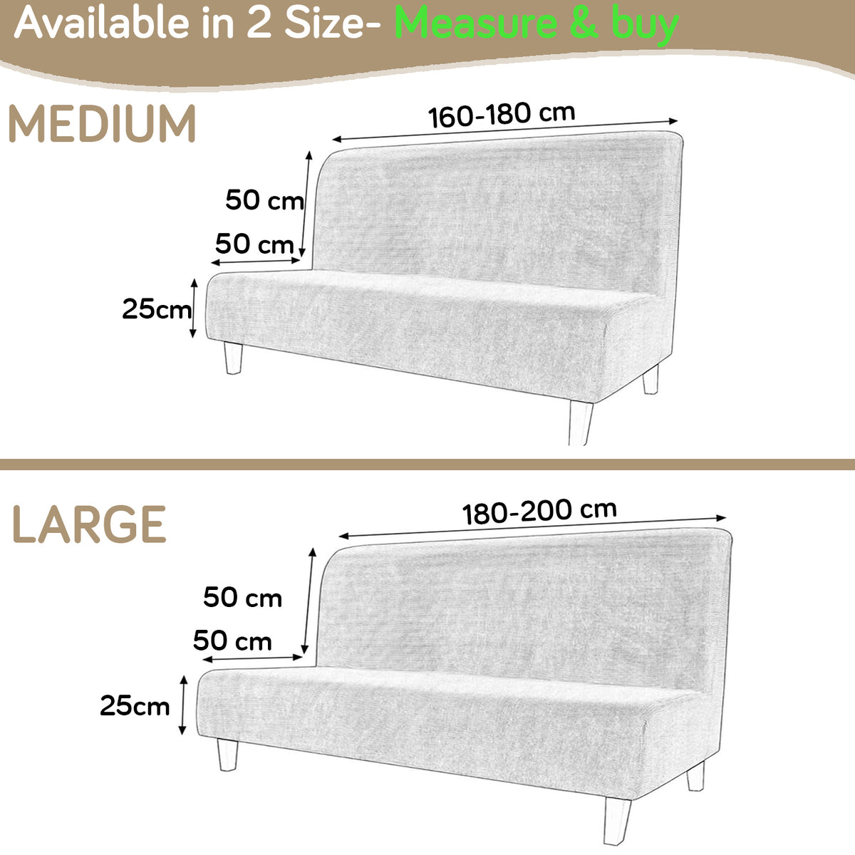 SereneSolids Stretchable Elastic Armless Sofa Cover – 140 GSM, Futon Slipcover, Easy Fit, Beige