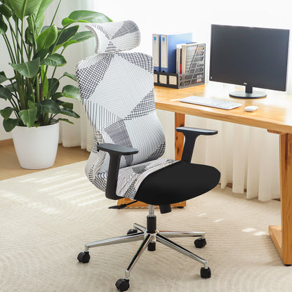 Printed Office Chair Cover with Headrest (High-Back) – 140 GSM Stretch Fabric – Washable, Anti-Slip Fit for Ergonomic Mesh Office Chairs, Snow White Black Geometry