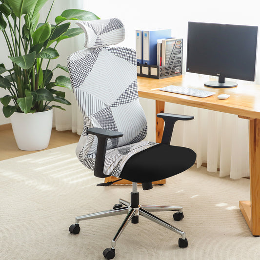 Printed Office Chair Cover with Headrest (High-Back) – 140 GSM Stretch Fabric – Washable, Anti-Slip Fit for Ergonomic Mesh Office Chairs, Snow White Black Geometry
