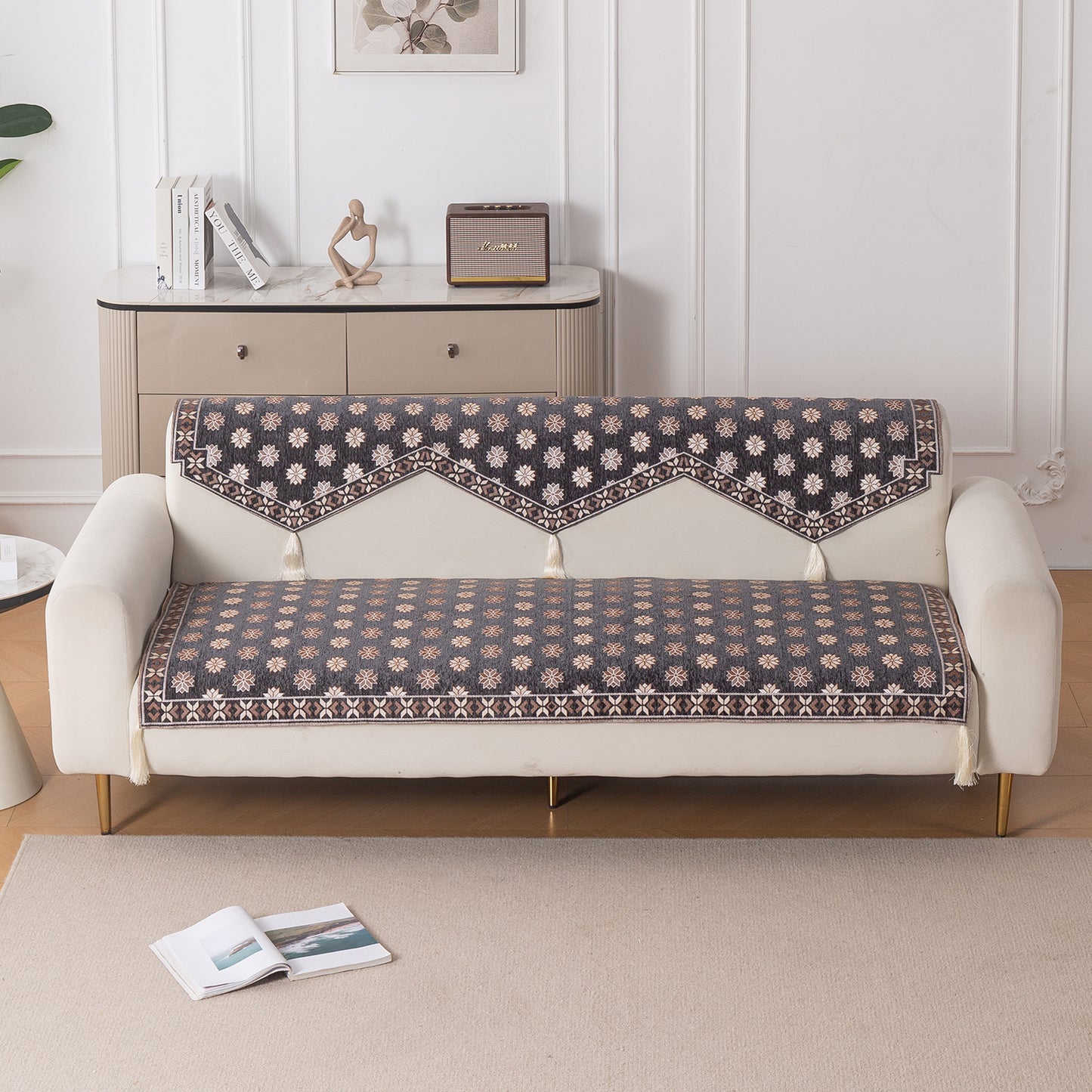 Heritage Weave Premium Jacquard Sofa Cover Set with Tassels - Graphite Grey