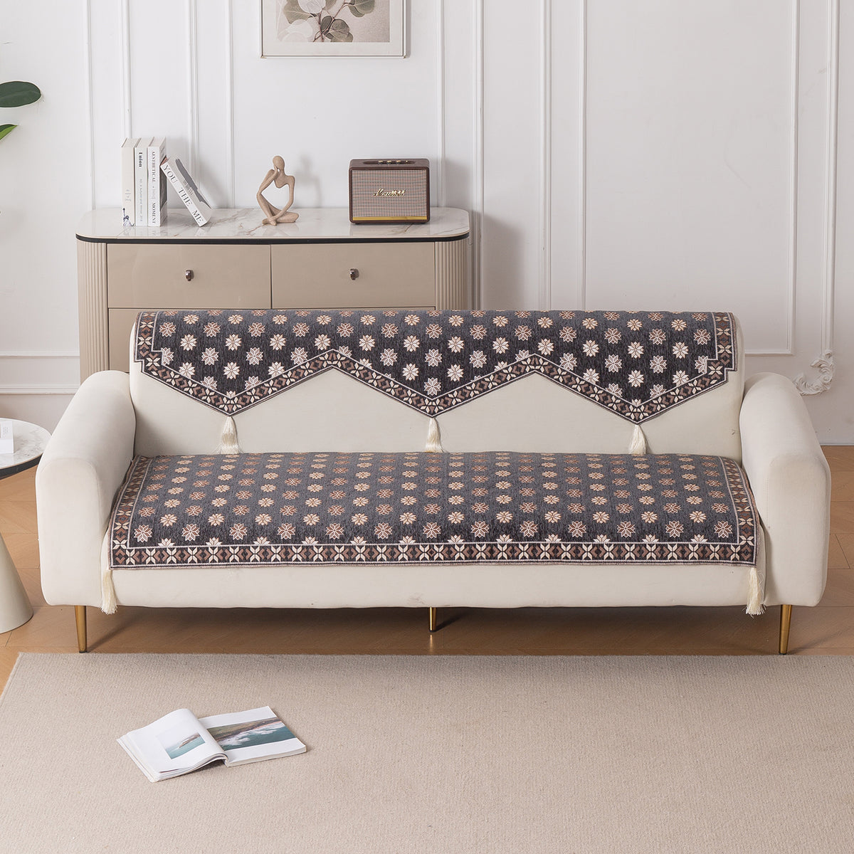 Heritage Weave Premium Jacquard Sofa Cover Set with Tassels - Graphite Grey