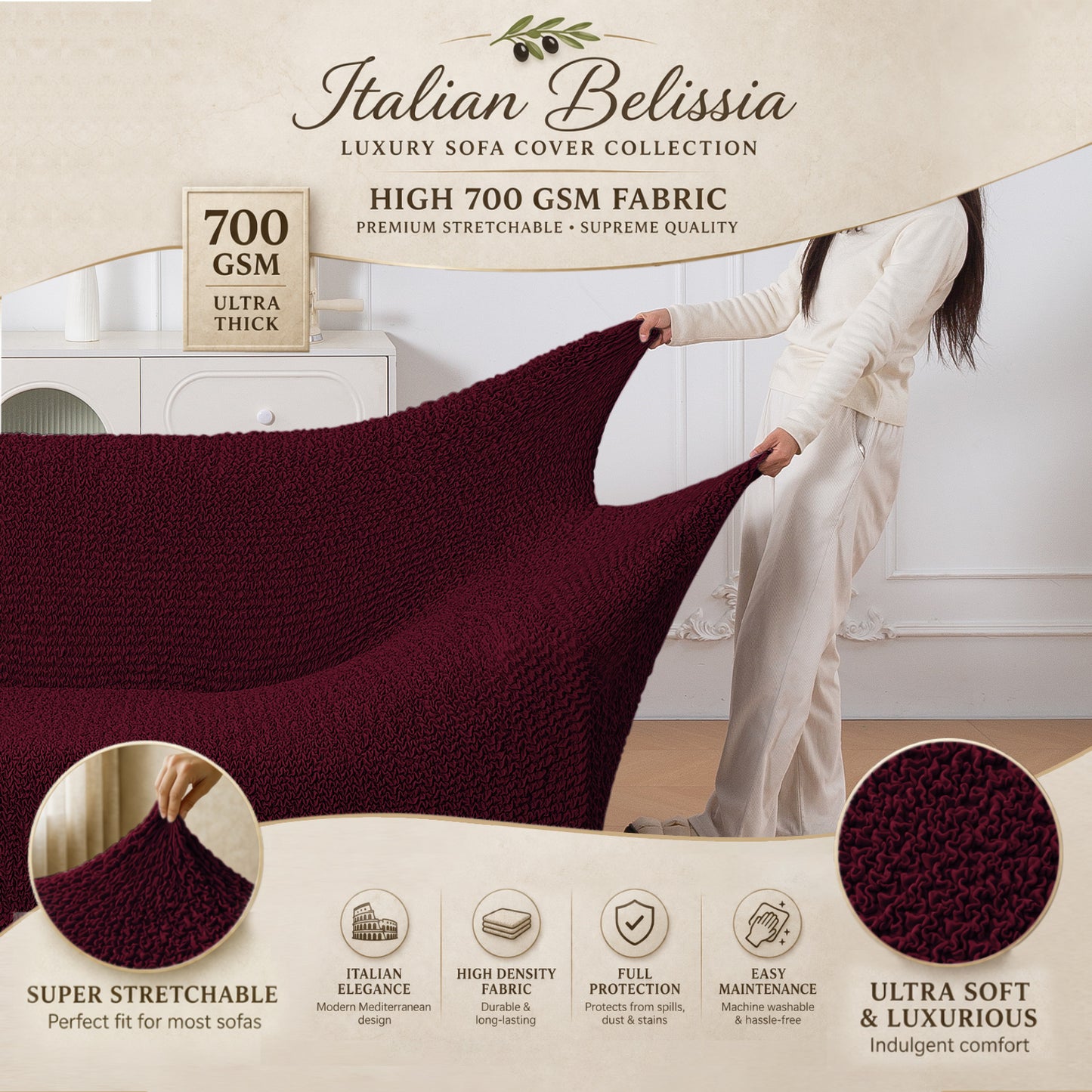 Italian Belissia Luxe Series' Super Stretchable Microfiber 1/2/3 Seater Sofa Cover, Merlot Wine