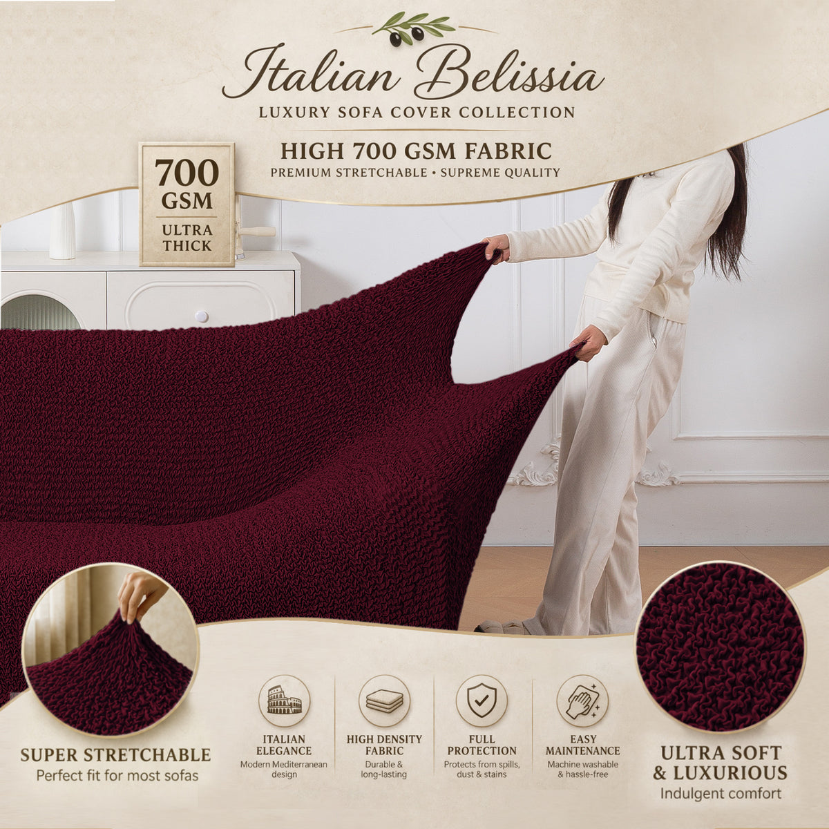 Italian Belissia Luxe Series' Super Stretchable Microfiber 1/2/3 Seater Sofa Cover, Merlot Wine