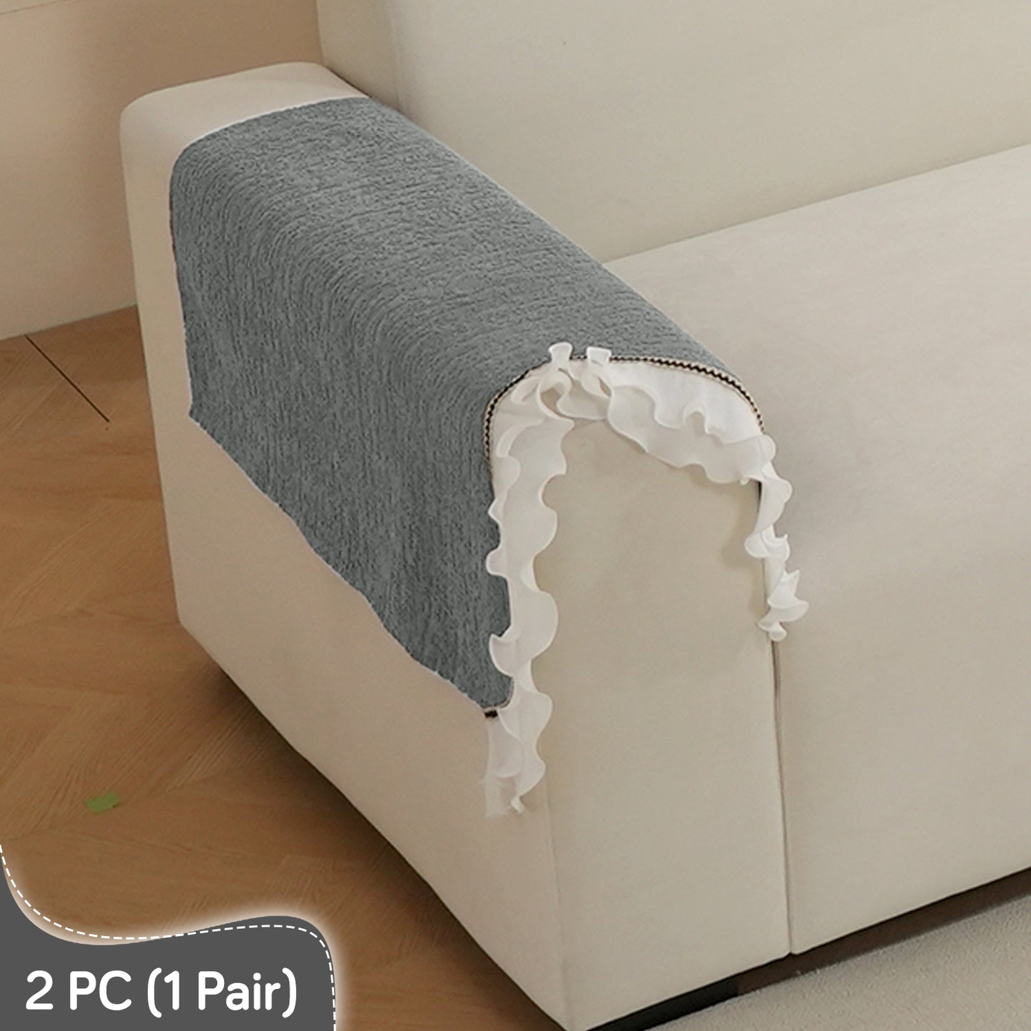 French Classic Frill Wavy Sofa Cover Mat with Curve & Lace - Moonstone Grey