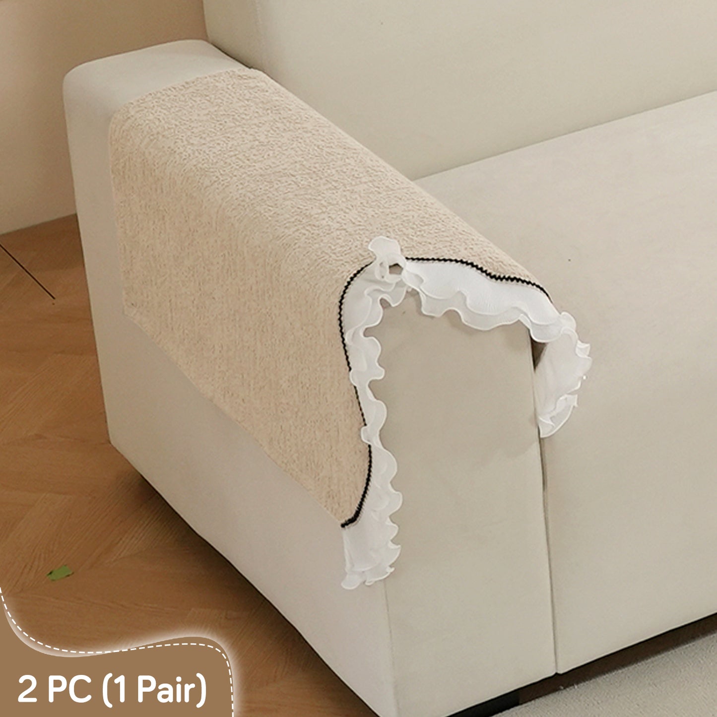 French Classic Frill Wavy Sofa Cover Mat with Curve & Lace - Champagne Beige