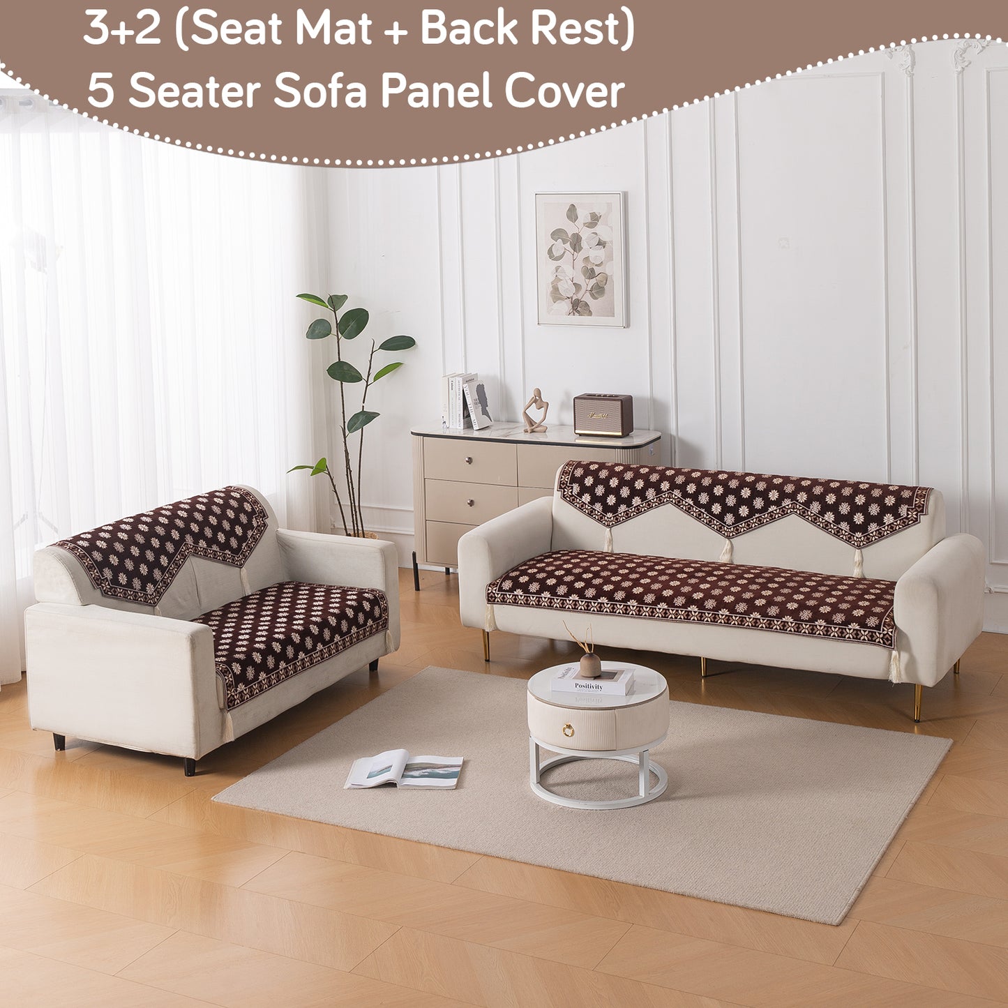 Heritage Weave Premium Jacquard Sofa Cover Set with Tassels - Coffee Brown