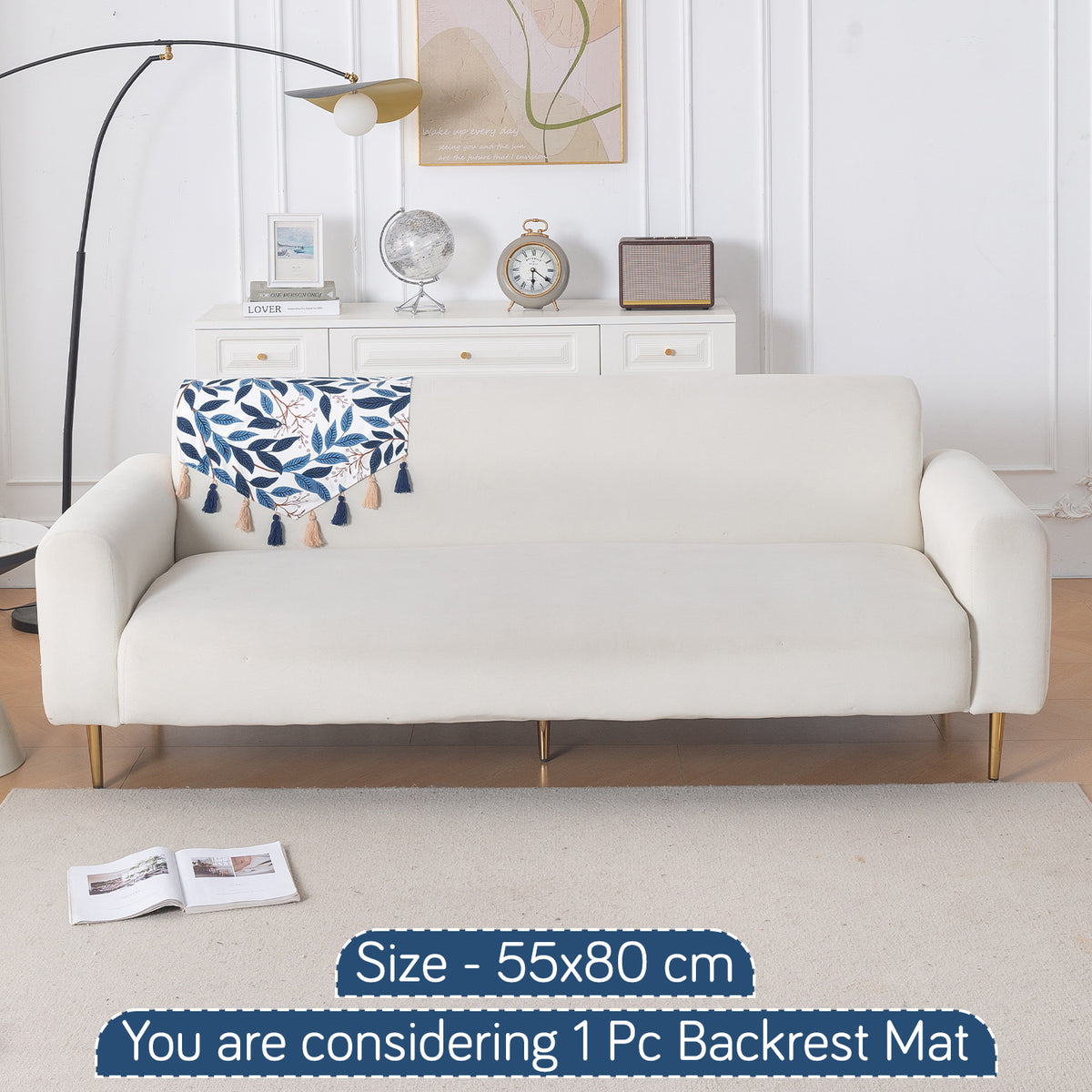 'Whispers of Nature' Series Holland Velvet Sofa Mat with Tassel, Indigo Foliage