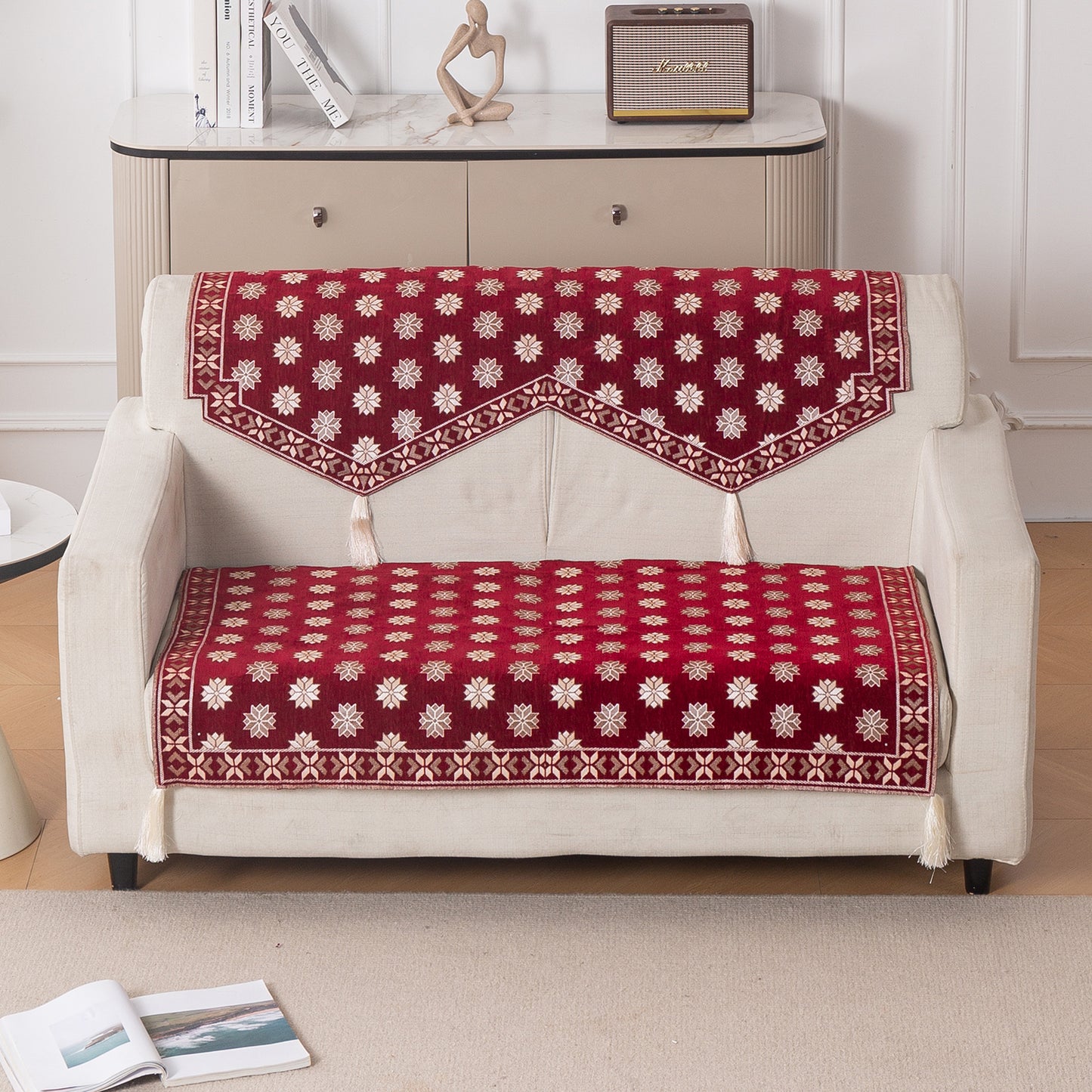 Heritage Weave Premium Jacquard Sofa Cover Set with Tassels -  Crimson Red