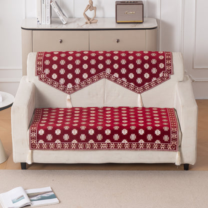 Heritage Weave Premium Jacquard Sofa Cover Set with Tassels -  Crimson Red