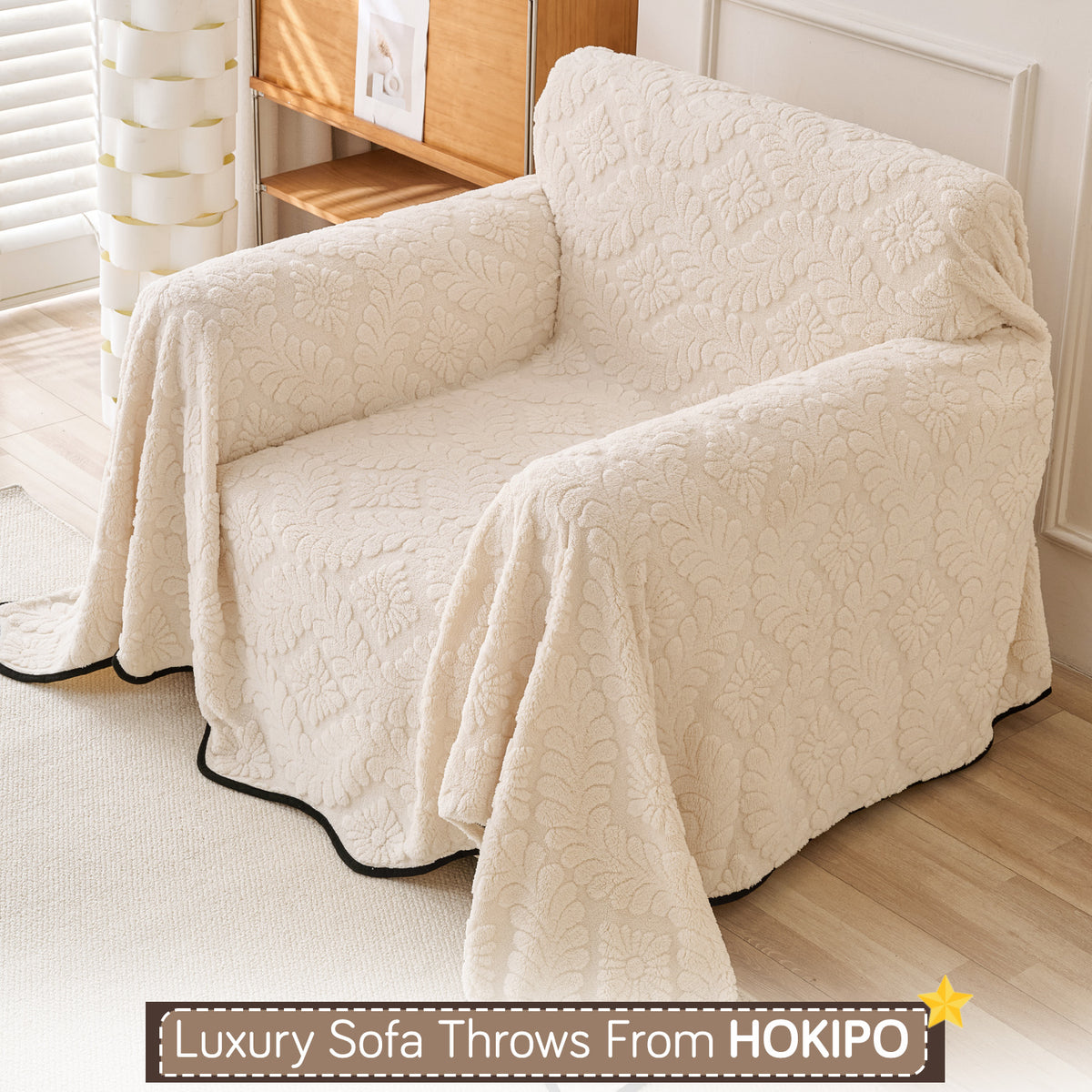 Buy Light Cream Colour Wavy Petal Crest Series Plush Sofa Throw | HOKIPO