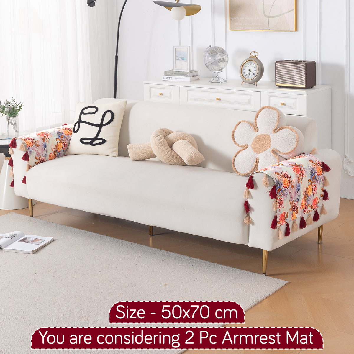 'Whispers of Nature' Series Holland Velvet Sofa Mat with Tassel, Vintage Rose Bloom