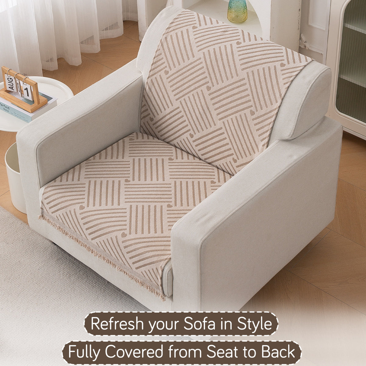 Premium 320 GSM Chenille Sofa Cover 'Serene Abode Series', Beige Geo Weave