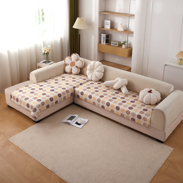 Printed Quilted L Shape Sofa Seat Mat, Brown Polka Dot