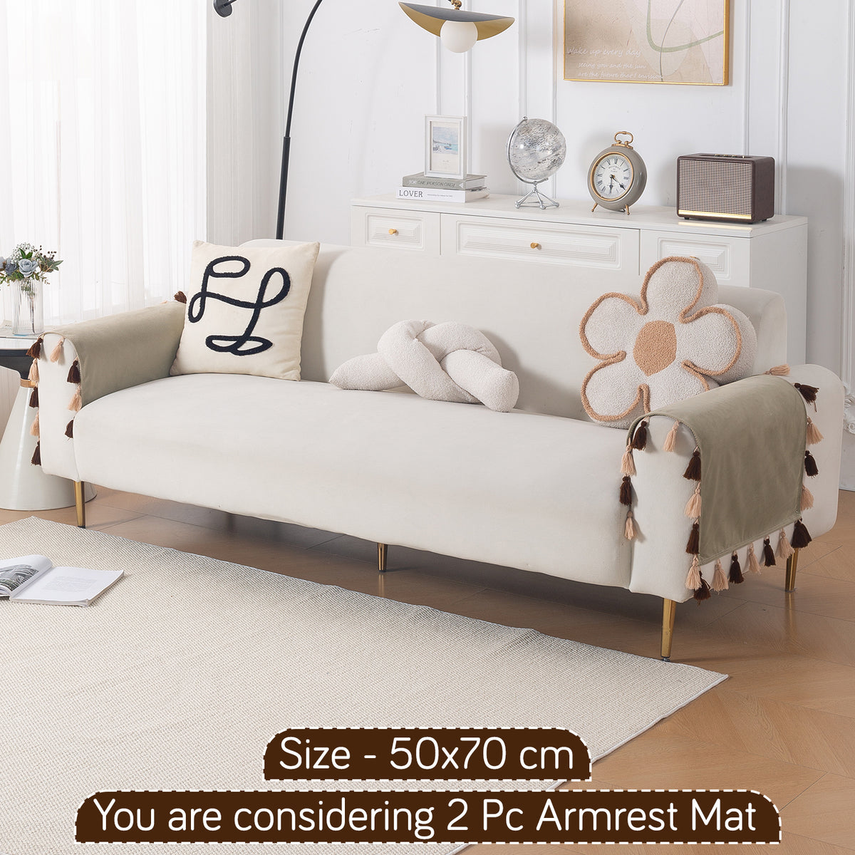Tassel Tone Holland Velvet Sofa Cover Mat, Sand Beige
