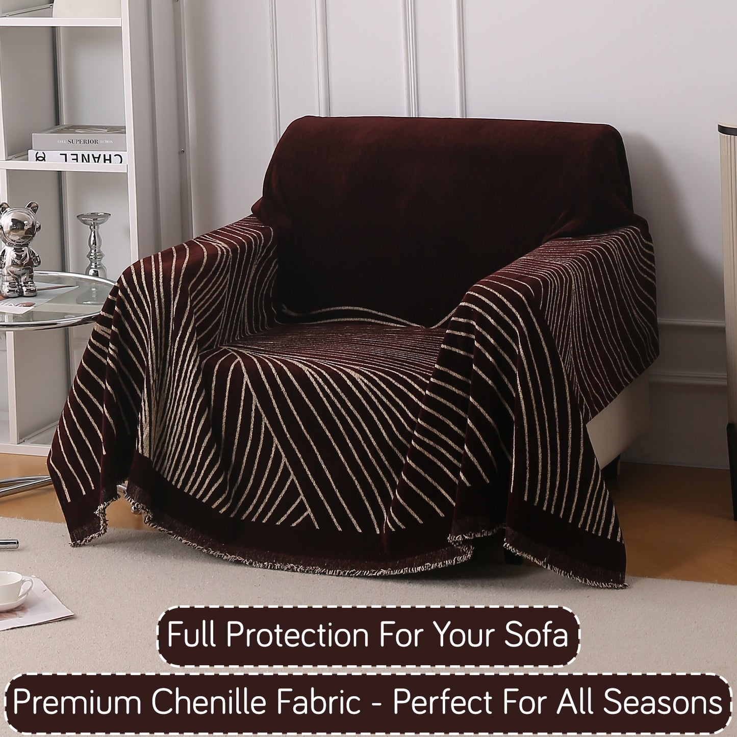 WaveLoom Collection Printed Chenille Sofa Cover Throw Blanket, Dark Coffee