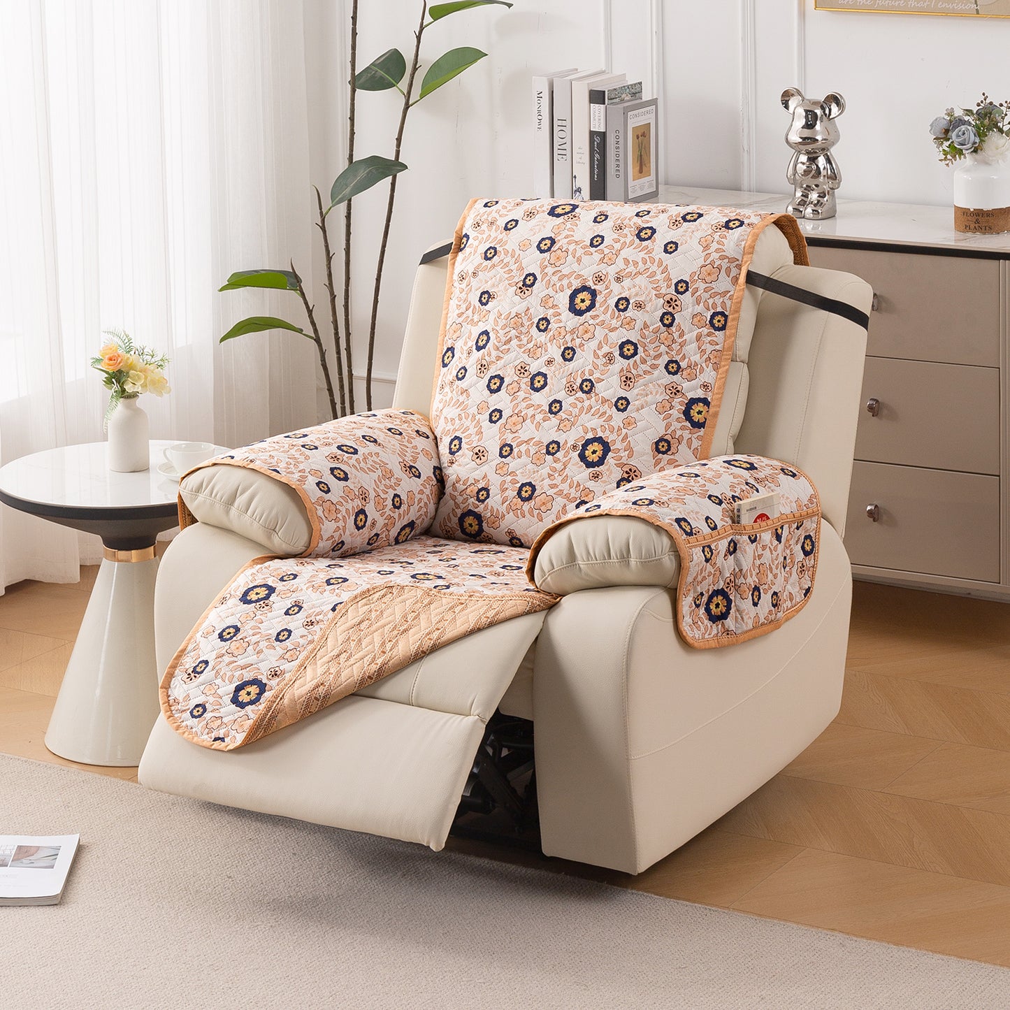 Quilted Cover for Recliner Sofa with SecureFit Belt & Side Pocket, Light Peach Candytuft