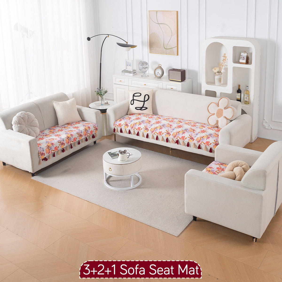 'Whispers of Nature' Series Holland Velvet Sofa Seat Mat with Tassel, Vintage Rose Bloom