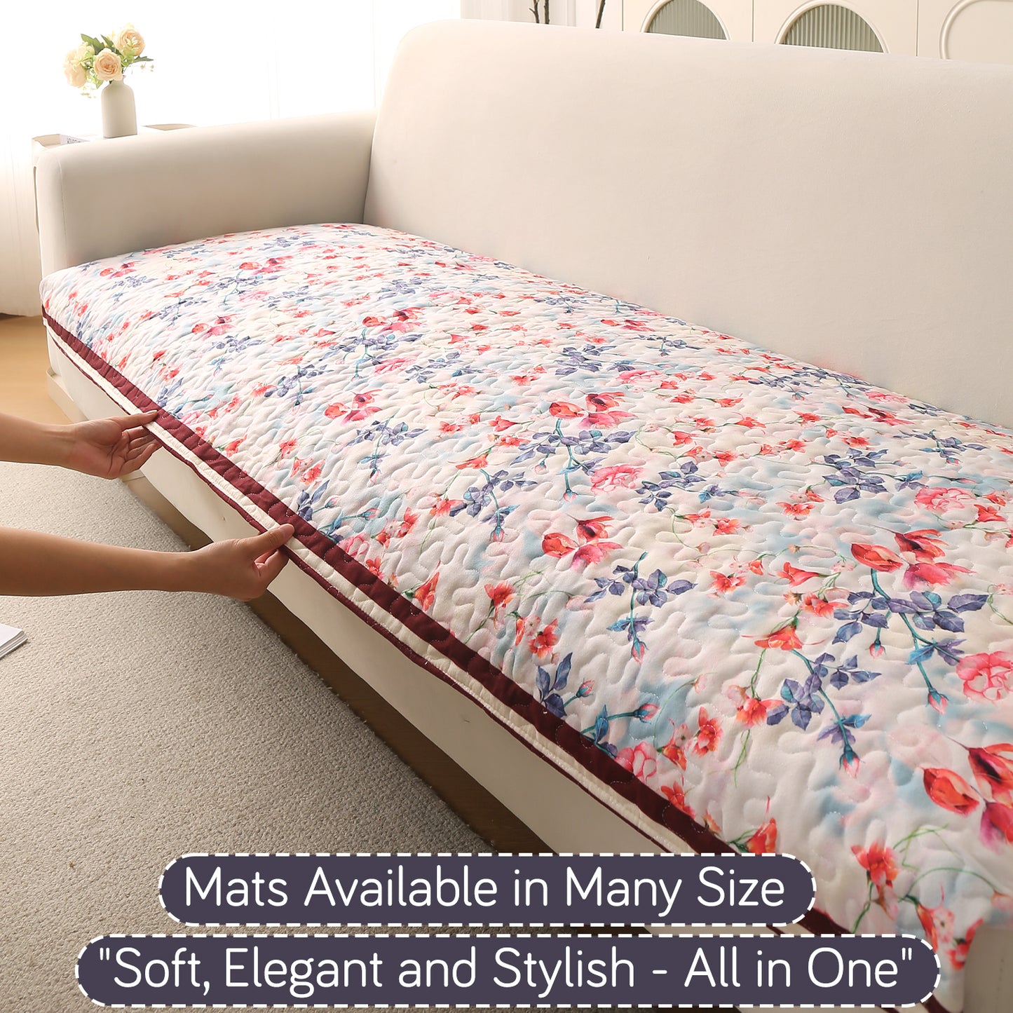 Florentina Series Premium Holland Velvet Sofa Cover Mat - Scarlet Rose Ivory