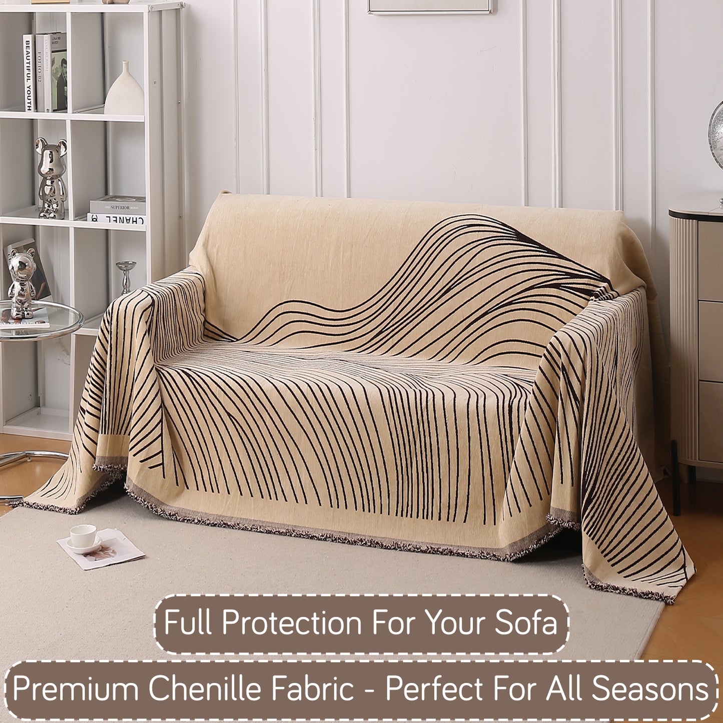 WaveLoom Collection Printed Chenille Sofa Cover Throw Blanket, Brown