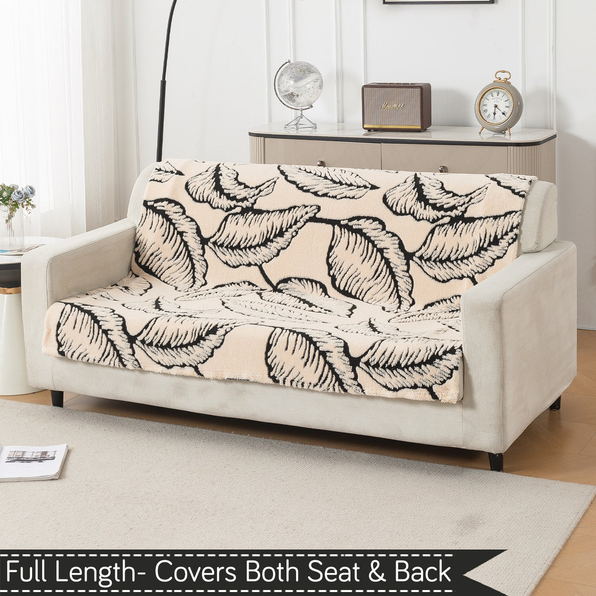 'Noirea Series' Plush Sofa Cover for Seat & Back, Botanical Leaf
