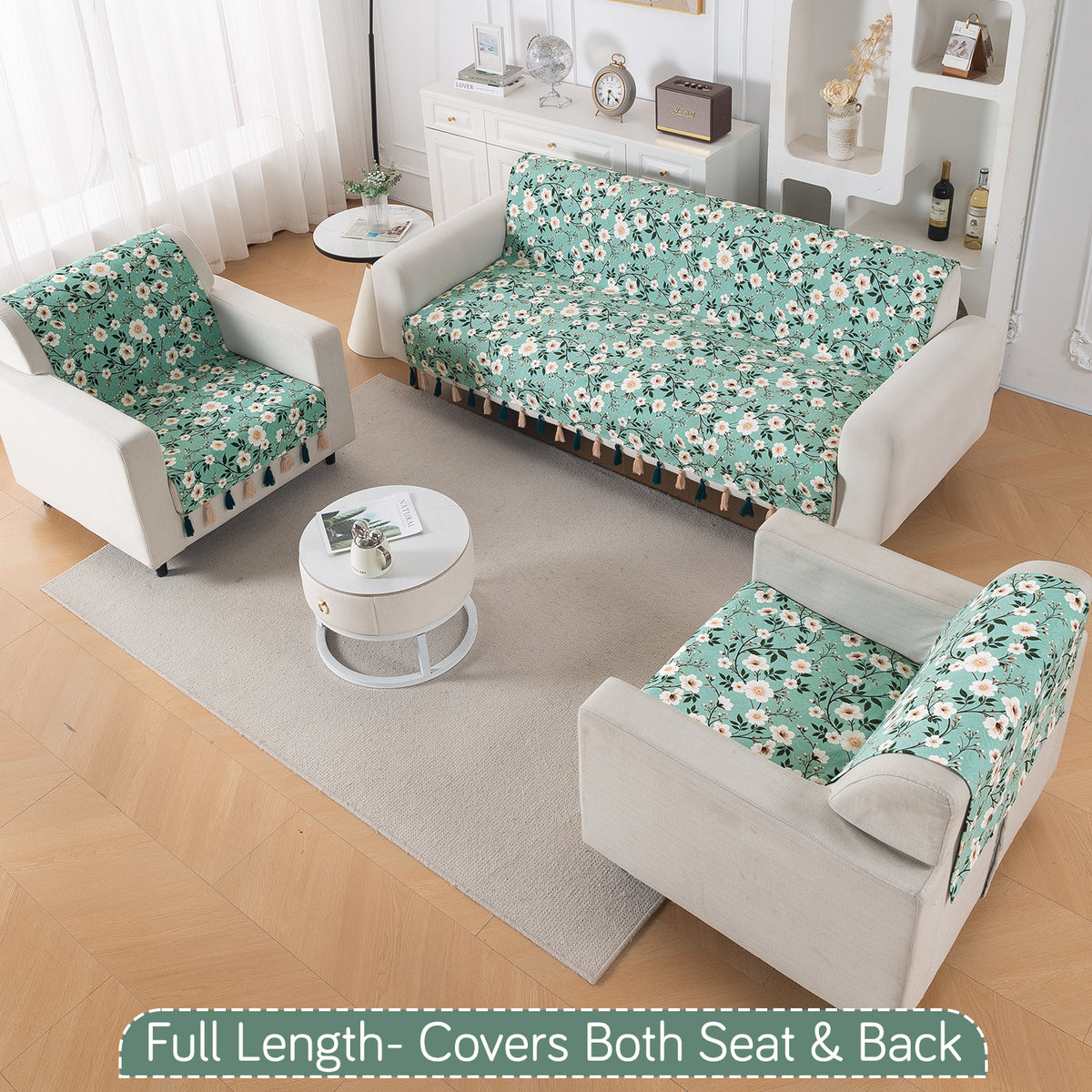 'Whispers of Nature' Series Holland Velvet Sofa Cover with Tassel, Sage Floral Vine